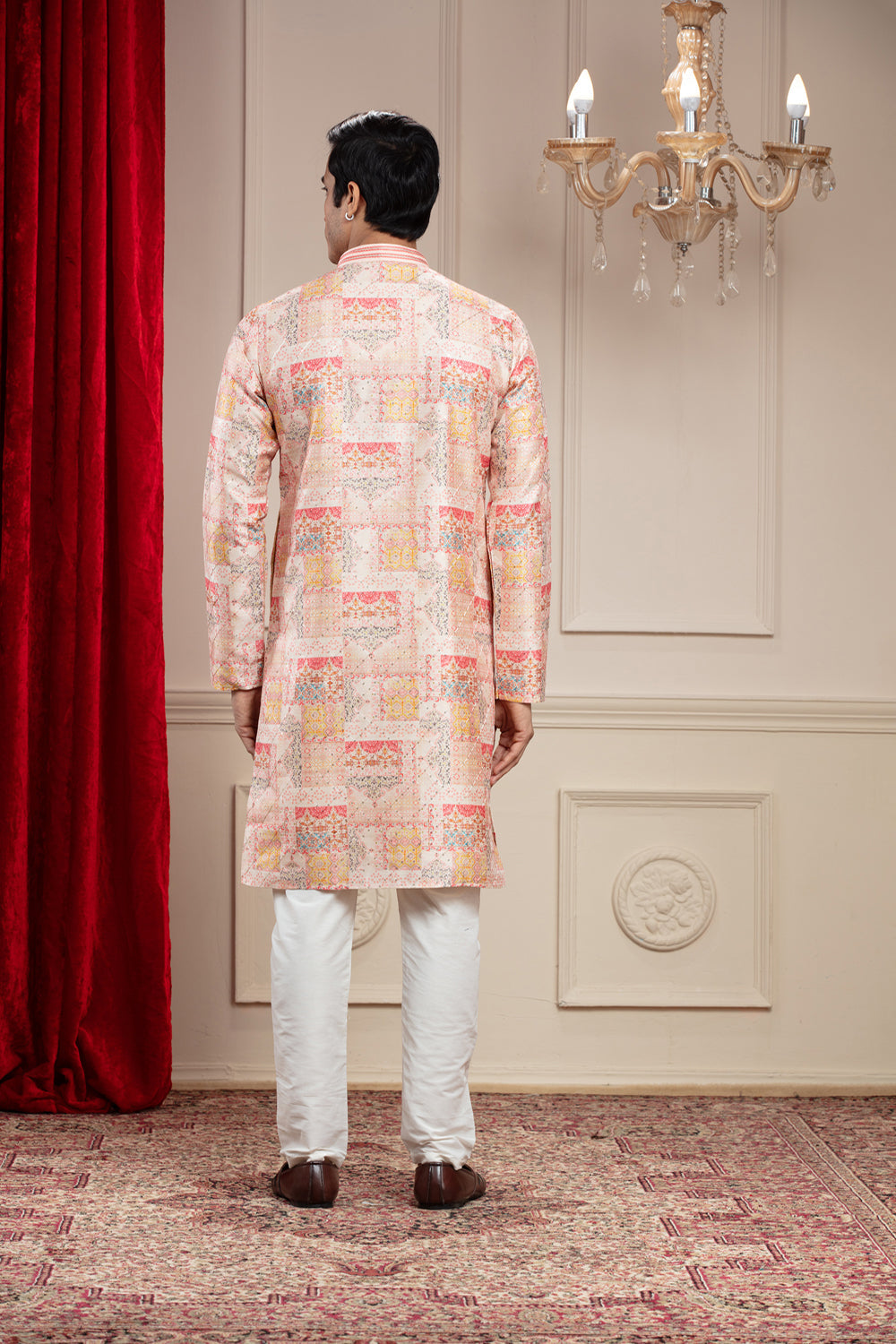 Melon Peach Banarasi Printed Silk Kurta Pajama Set