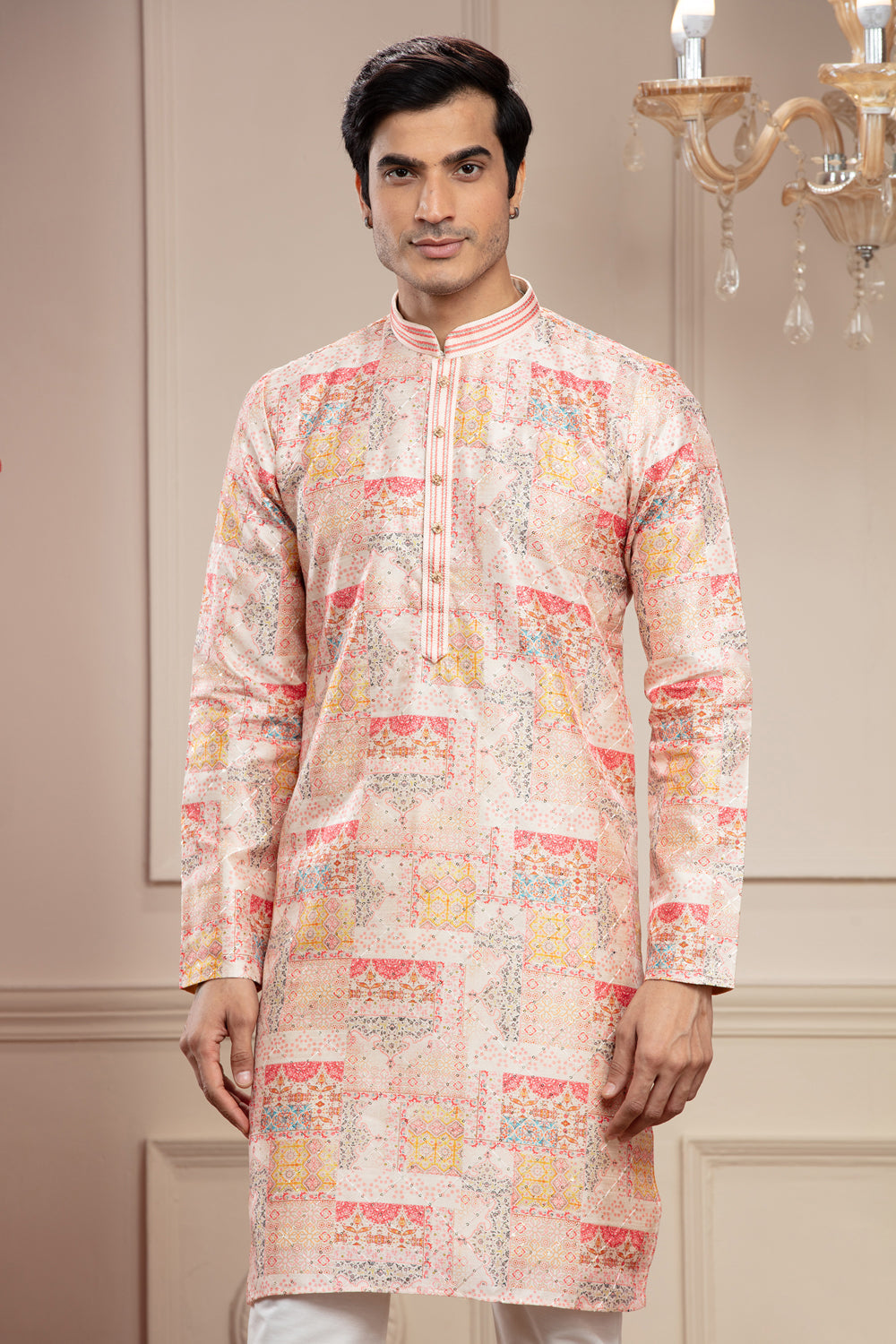 Melon Peach Banarasi Printed Silk Kurta Pajama Set