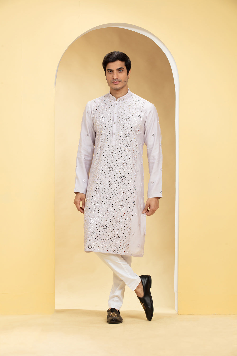 Platinum White  Lucknowi Kurta Pajama Set With Mirror And Thread Work - Auraya Fashion - Riyaasat Men - #tag1# - #tag2# - #tag3# - #tag3#