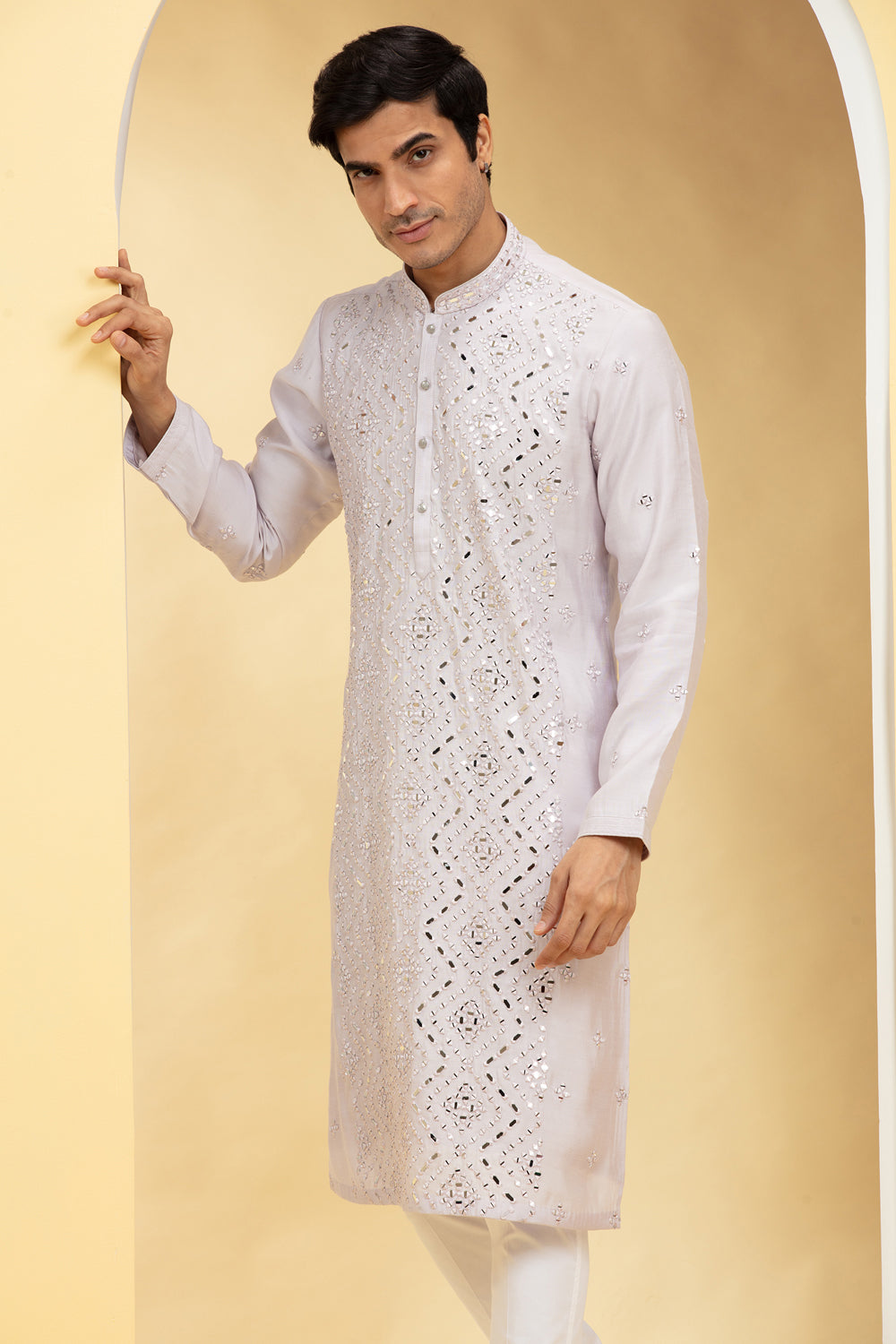 Platinum White  Lucknowi Kurta Pajama Set With Mirror And Thread Work - Auraya Fashion -  - #tag1# - #tag2# - #tag3# - #tag3#