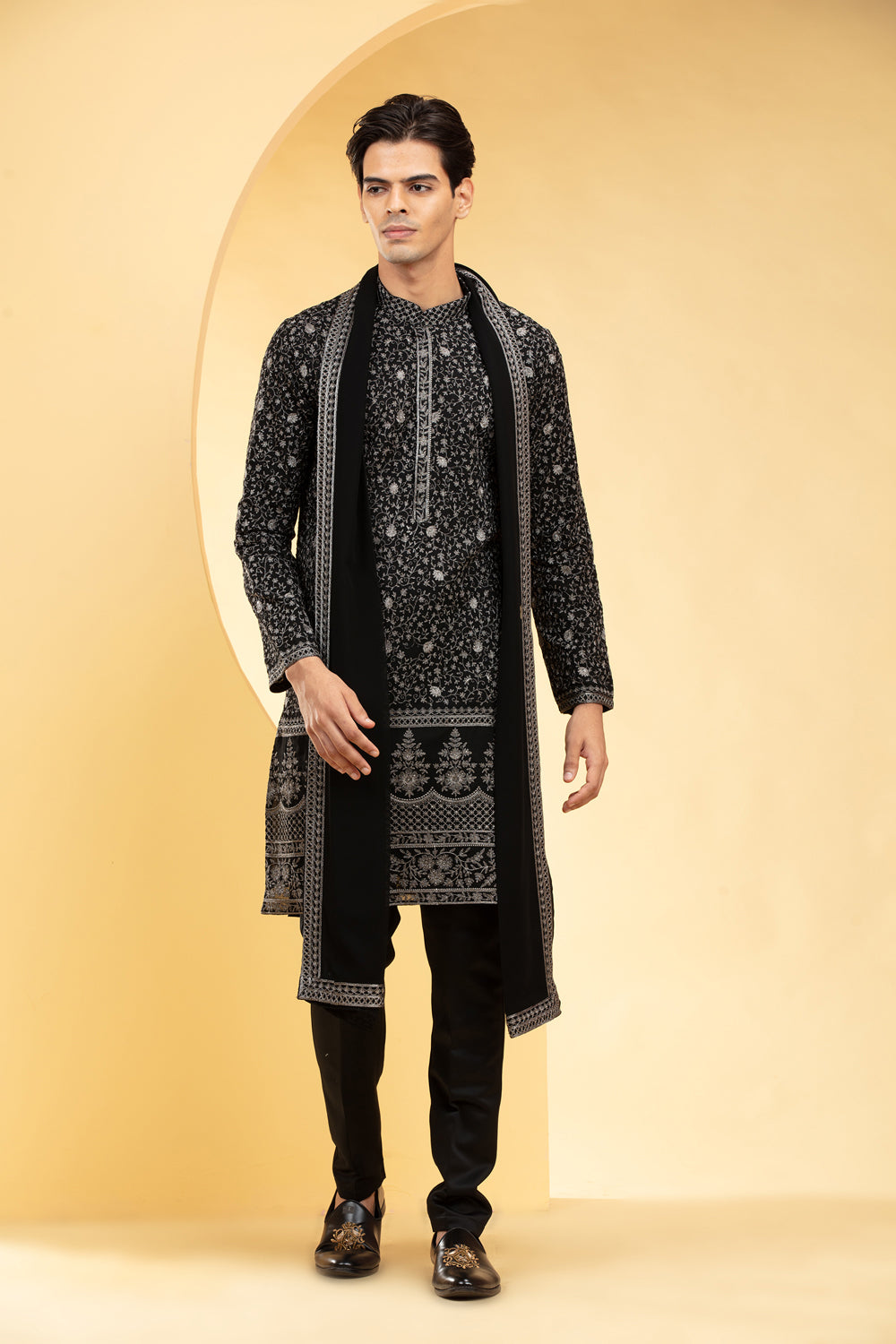 Onyx Black Lucknowi Kurta Set With Heavy Daman Work And Matching Dupatta - Auraya Fashion - Riyaasat Men - #tag1# - #tag2# - #tag3# - #tag3#