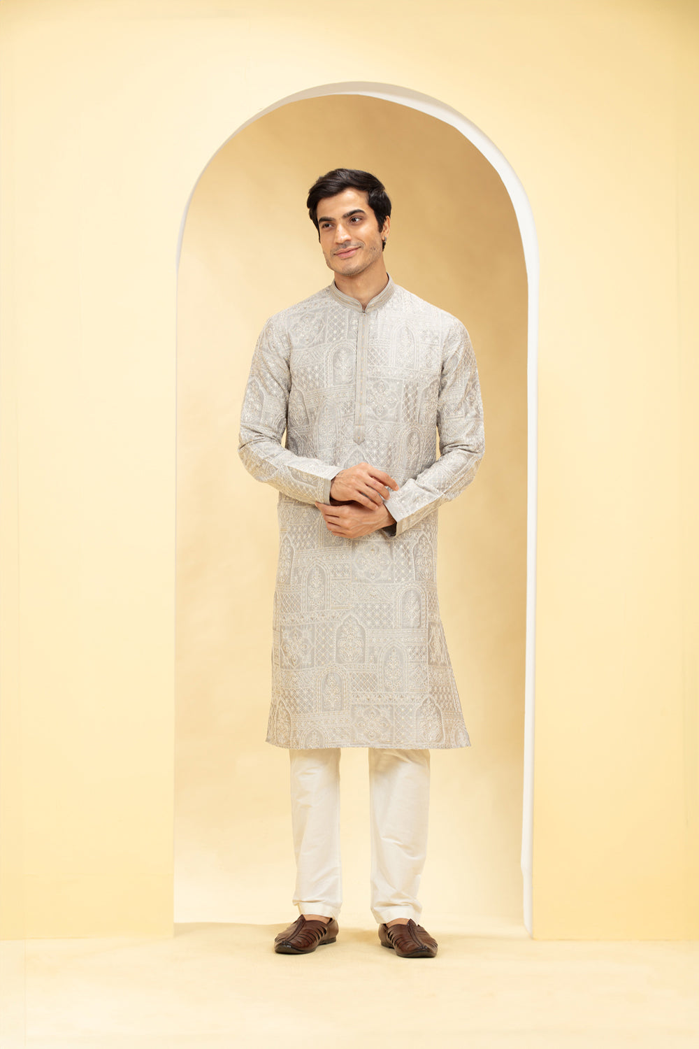 Wheatish Silver Kurta Pajama Set With Self Thread Work