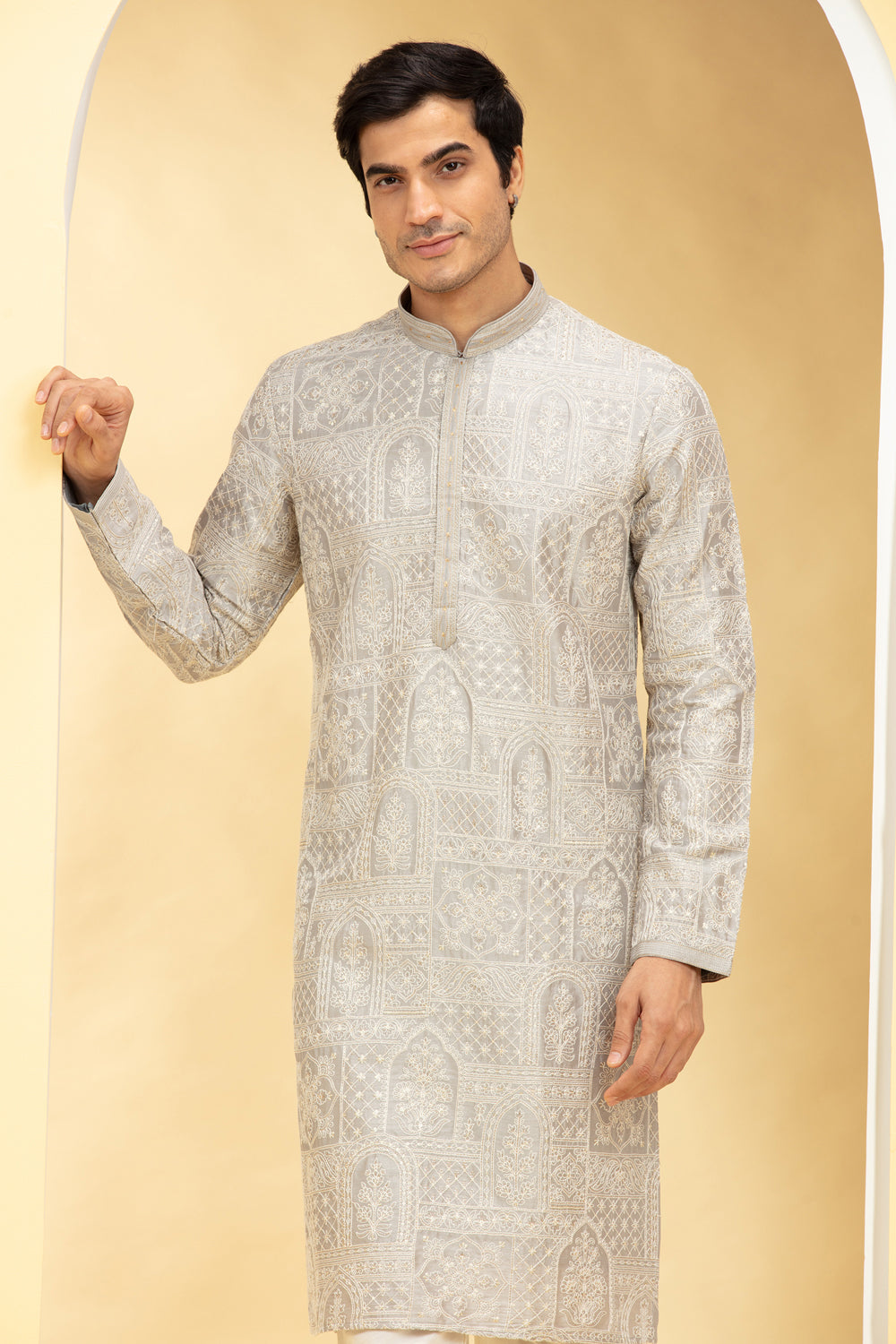 Wheatish Silver Kurta Pajama Set With Self Thread Work