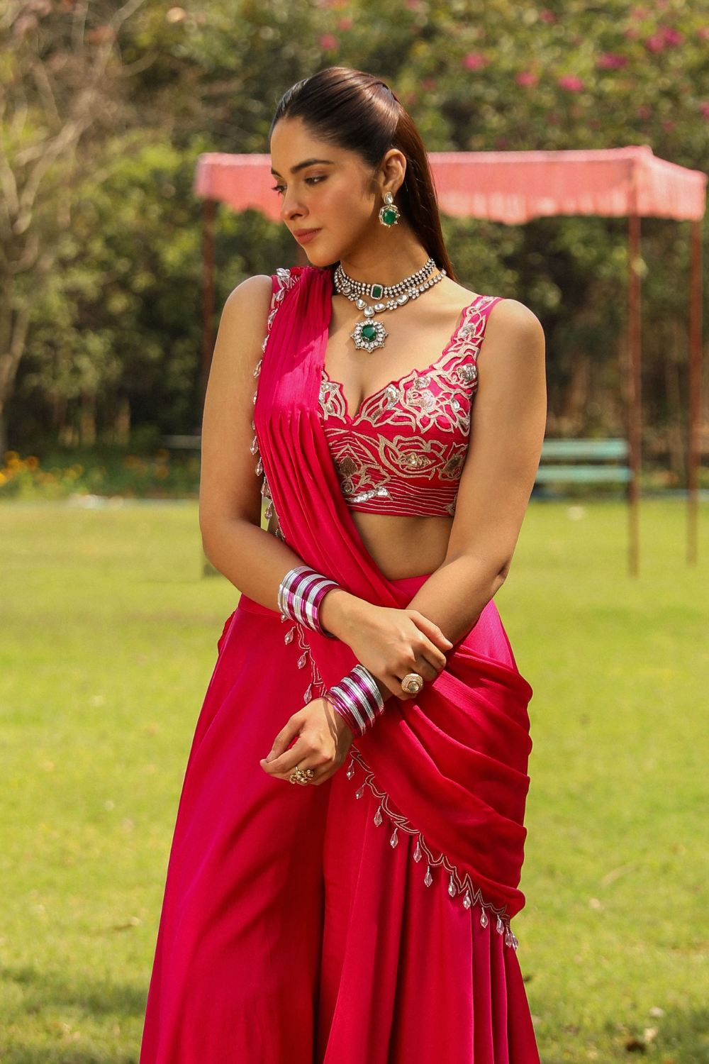 Karishma Rani Pink Pre-Draped Sharara Saree with Dori Embroidery