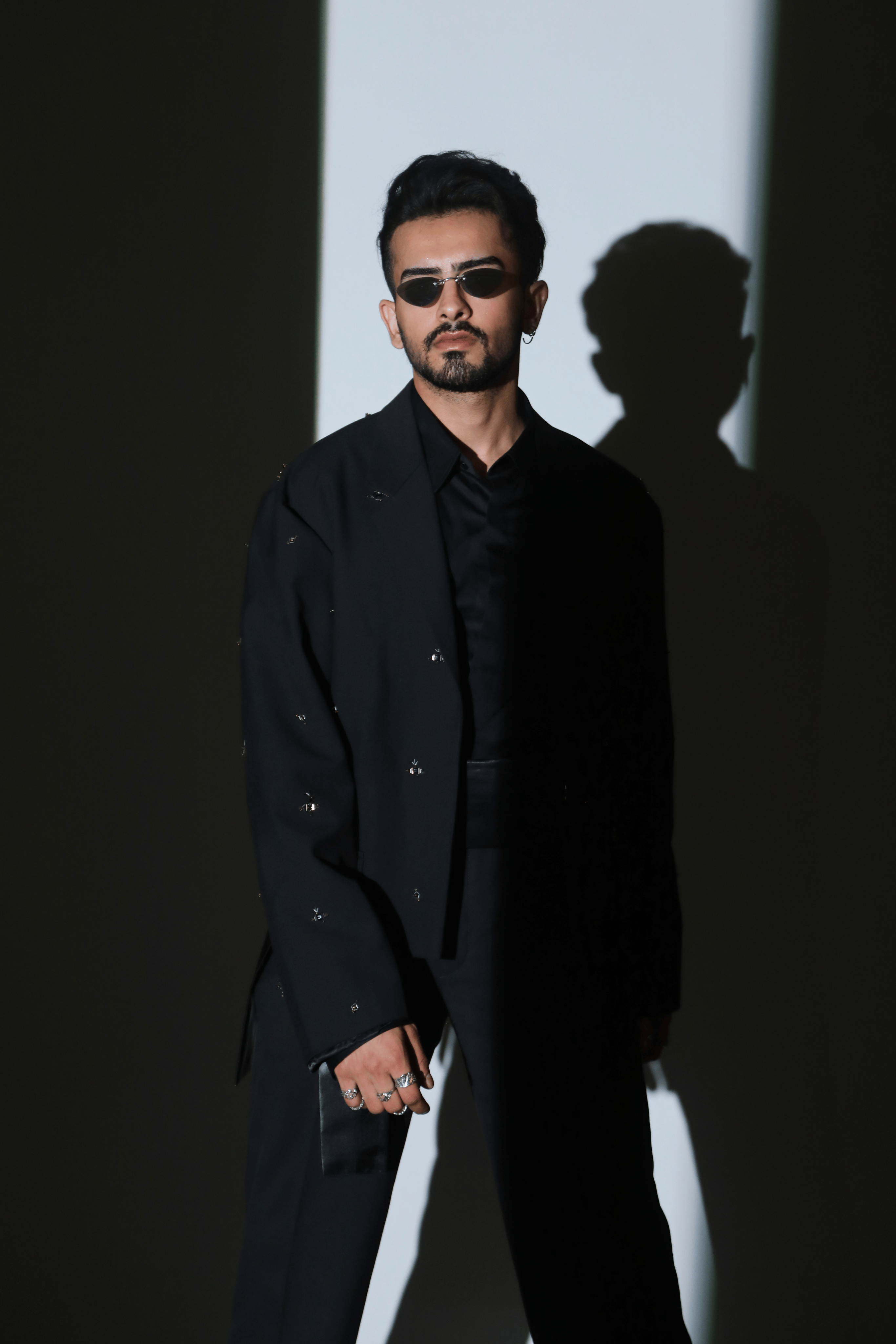 Black Worsted Wool Motifs Embellished Cropped Jacket