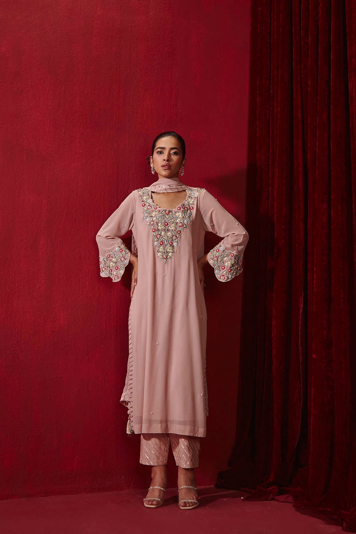 Riwaaz Rose Pink Embroidered Dupion Silk Kurta Set with Organza Dupatta