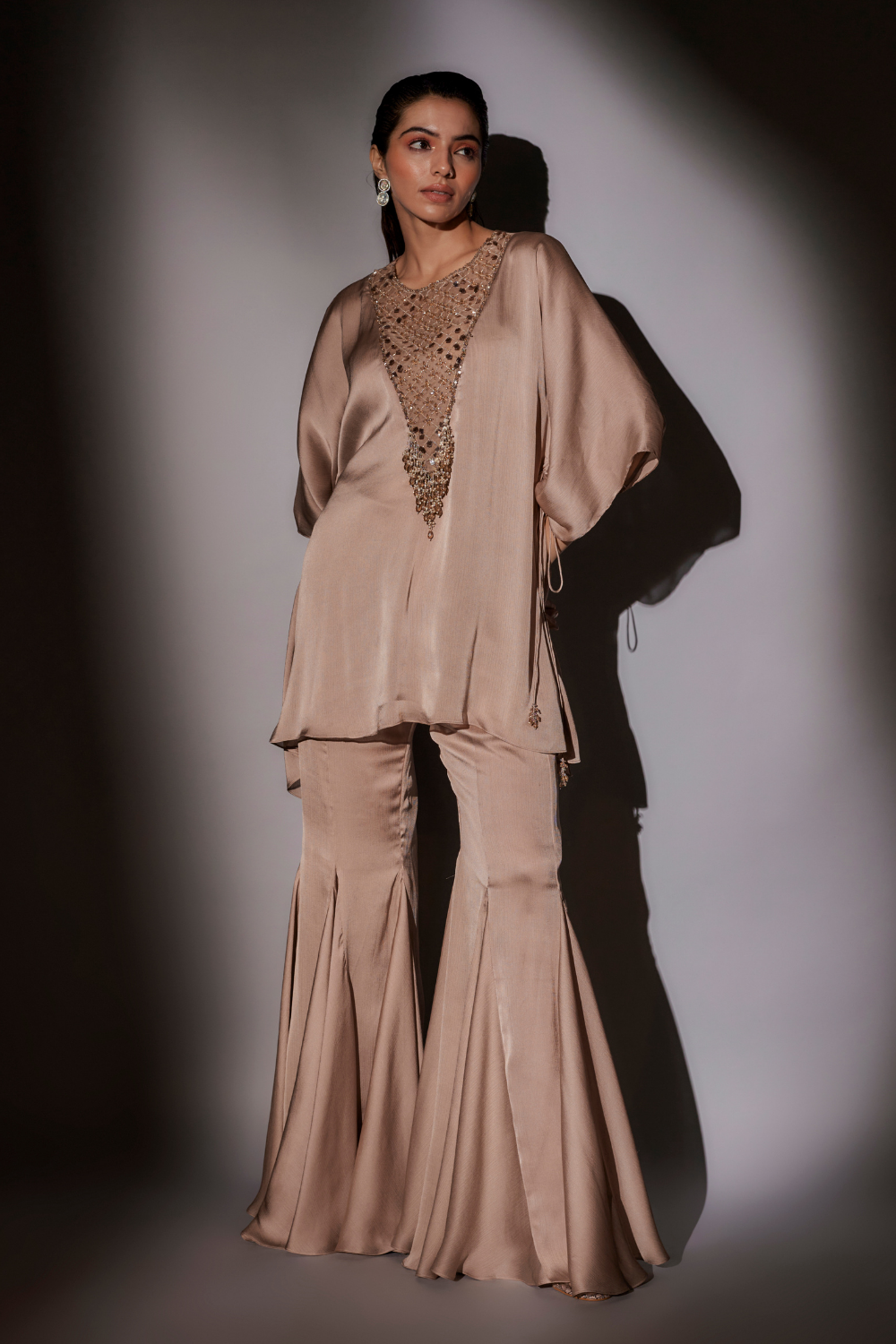 Flora Skin Short Kaftan Set with Flared Sharara in Satin Chiffon
