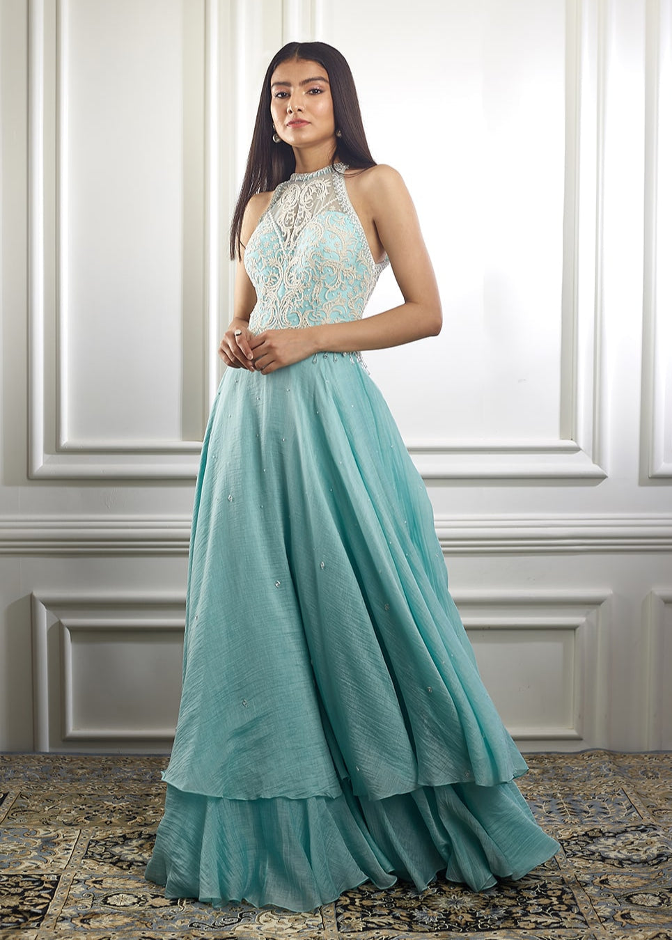Aqua Pearl Embellishment Anarkali Set