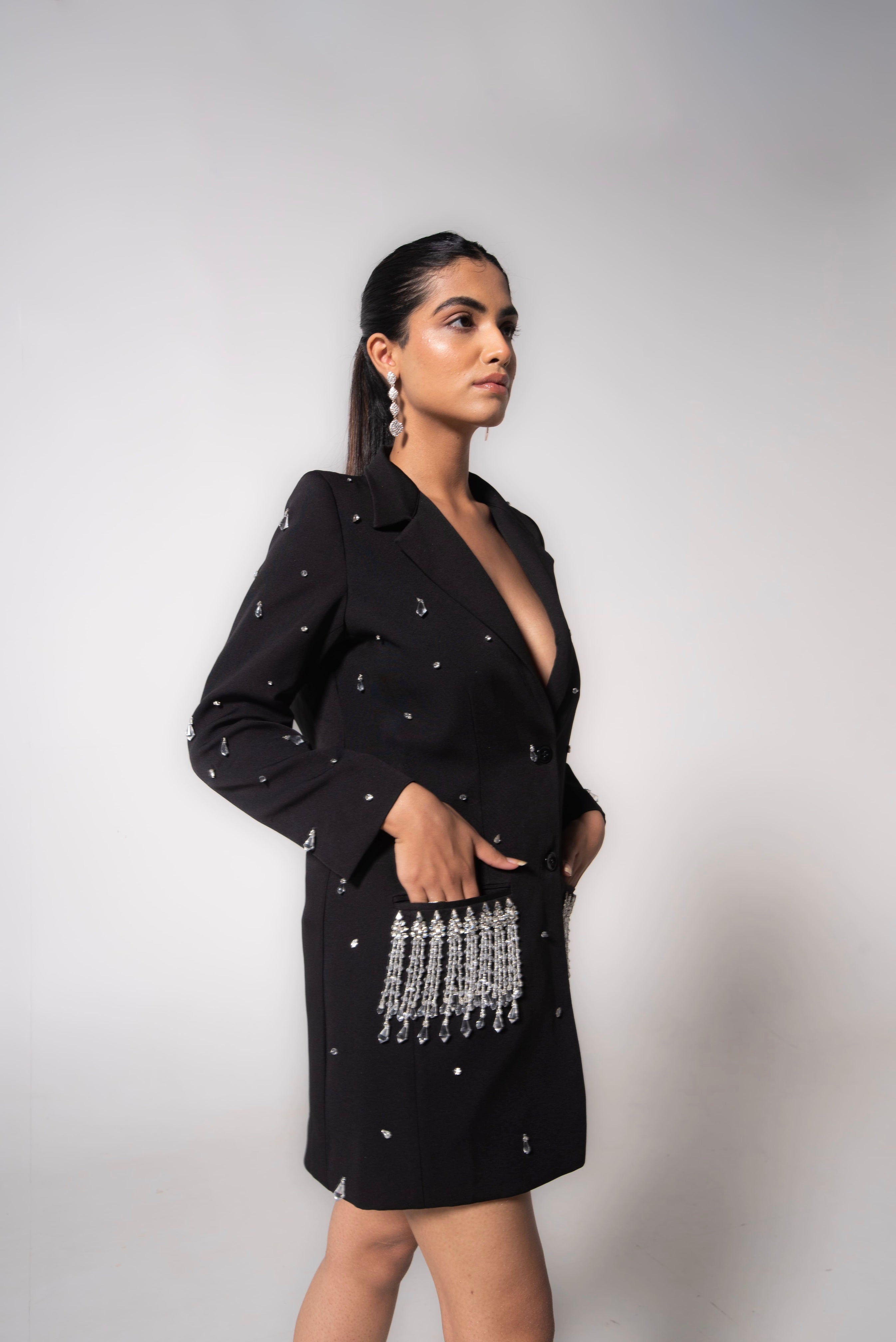 Embellished blazer dress with cowl back