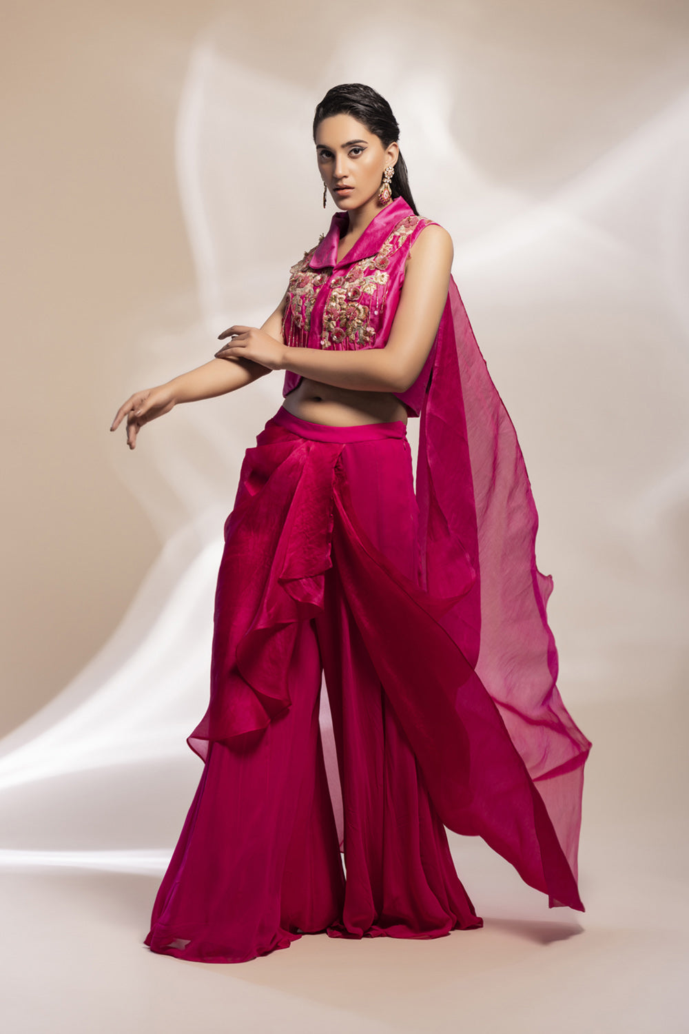 Fuscia Cropped Jacket With Gold Embellishments + Pleated Organza Sharara - Auraya Fashion 