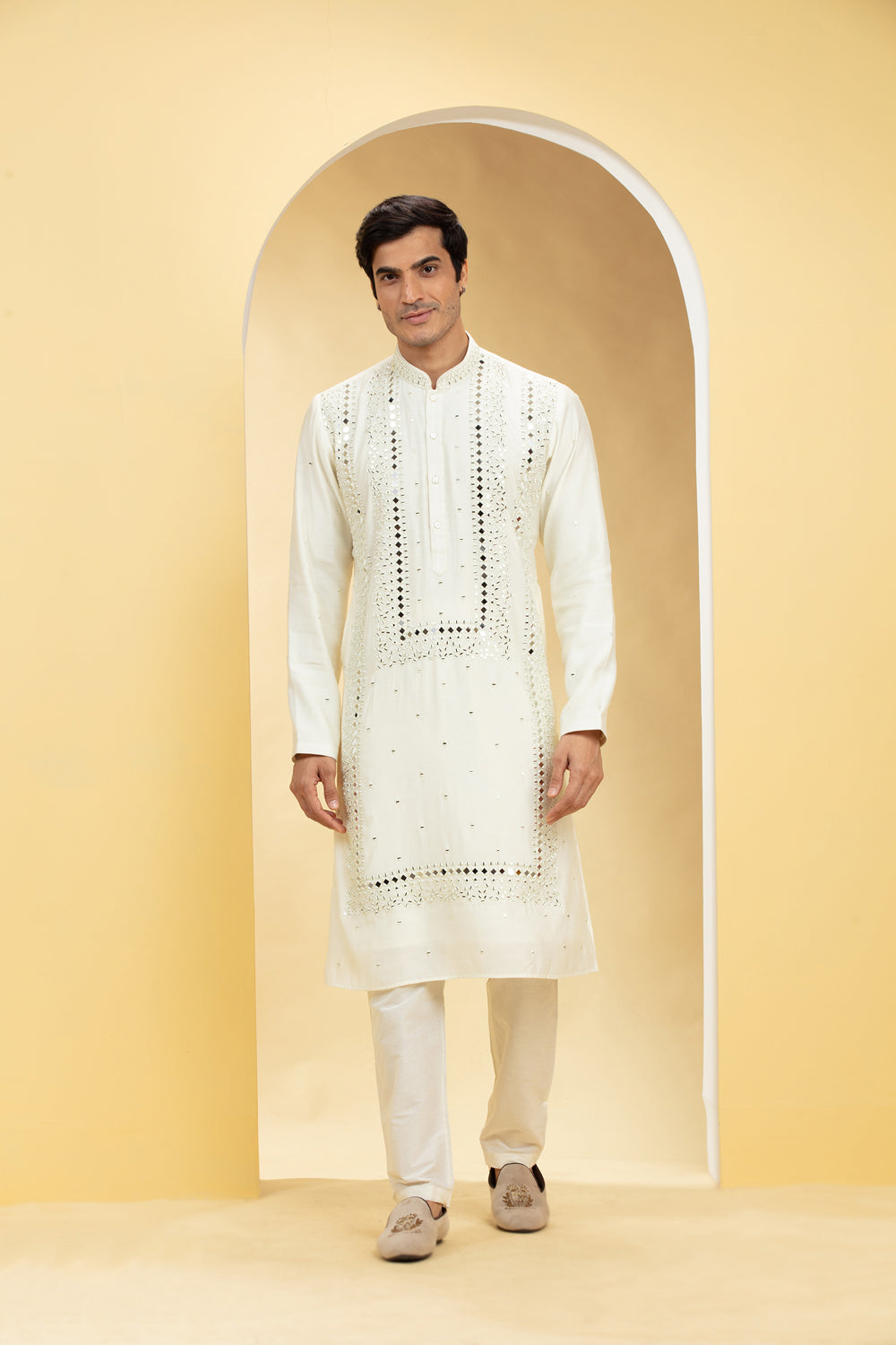 Alabaster White Resham Embroidered Kurta Pajama With Mirror Work - Auraya Fashion - Riyaasat Men - #tag1# - #tag2# - #tag3# - #tag3#