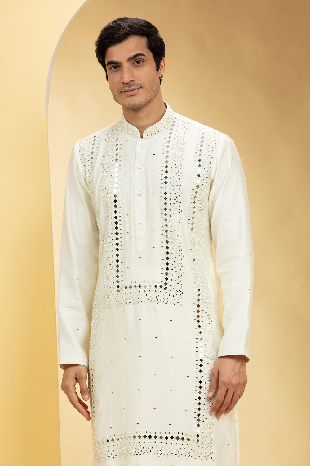 Alabaster White Resham Embroidered Kurta Pajama With Mirror Work - Auraya Fashion -  - #tag1# - #tag2# - #tag3# - #tag3#