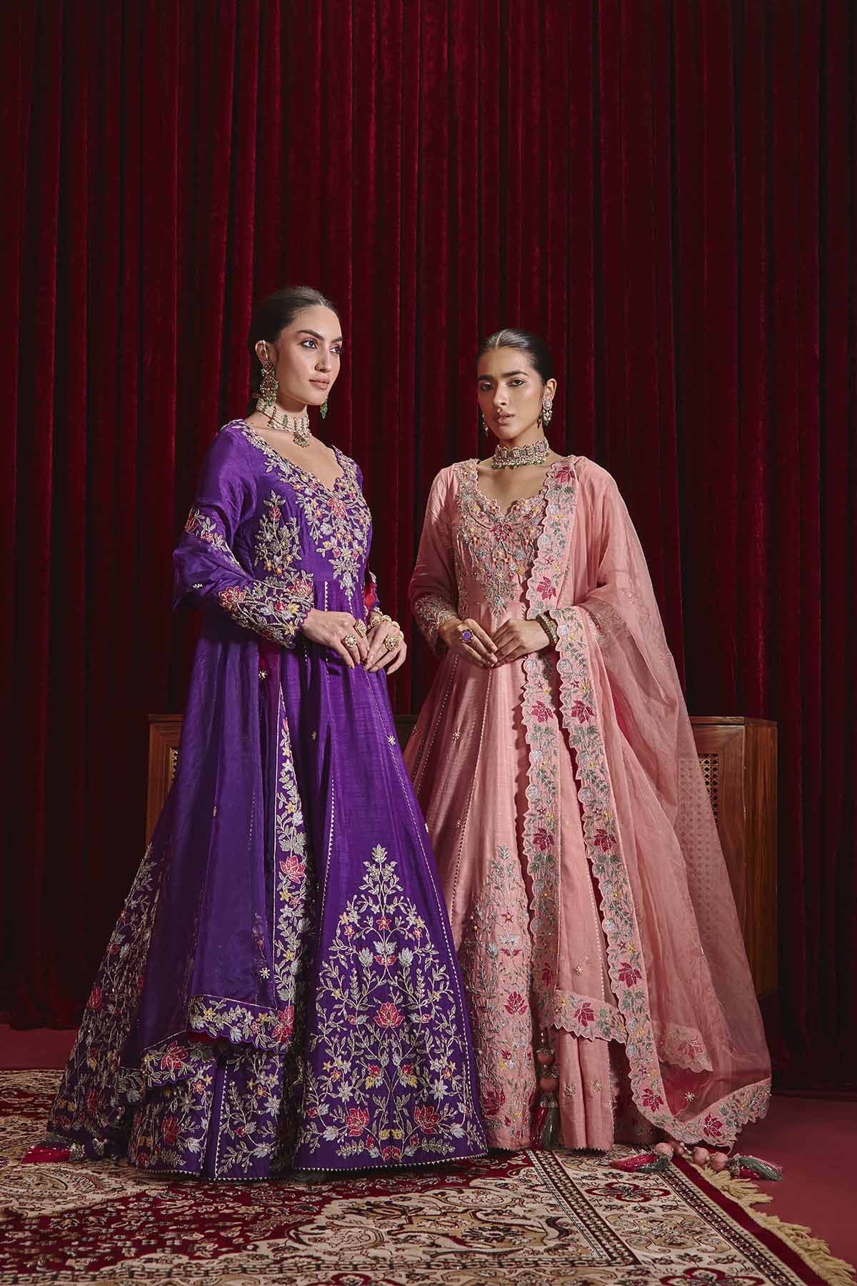 Naira Purple Embroidered Anarkali Set in Structured Dupion Silk