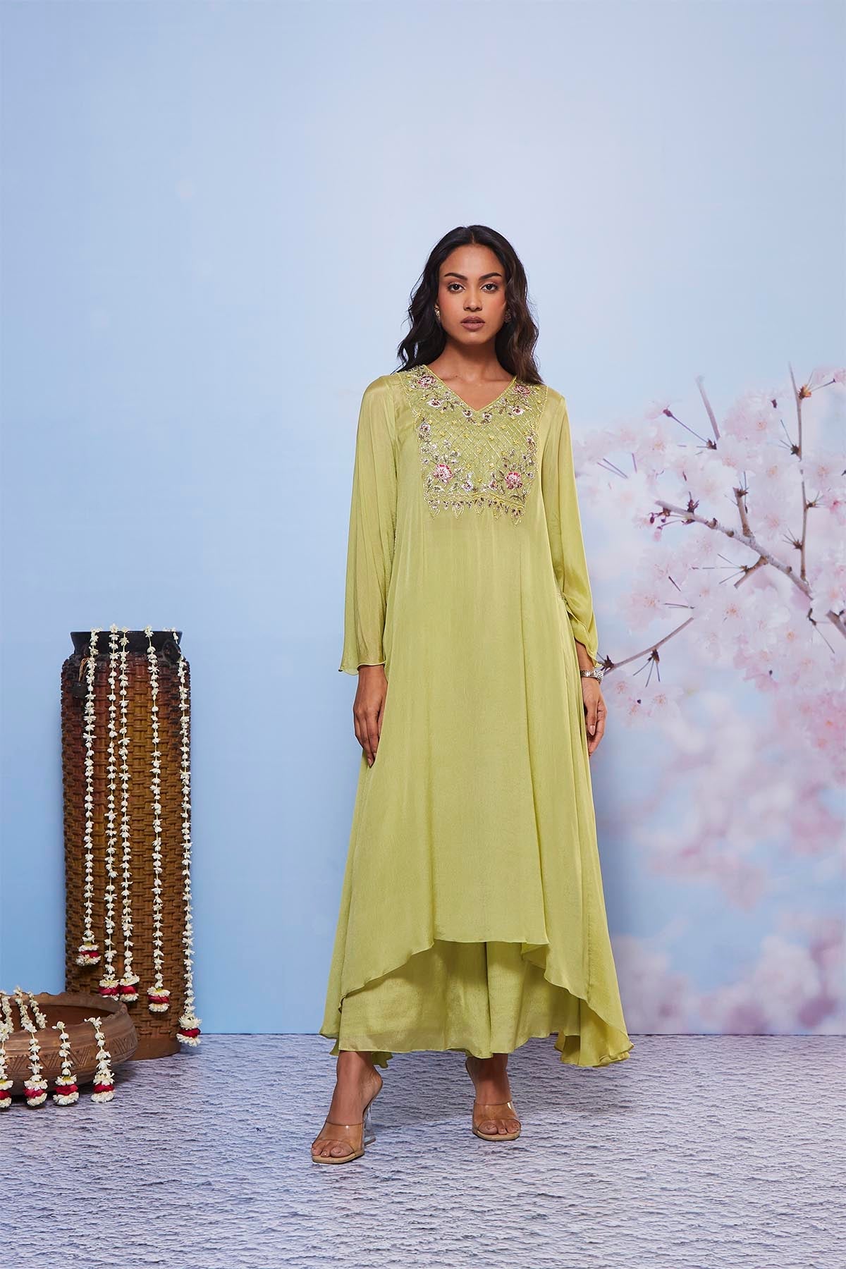 Mint Chiffon Asymmetrical Kurta Set with Intricate Yoke Embroidery