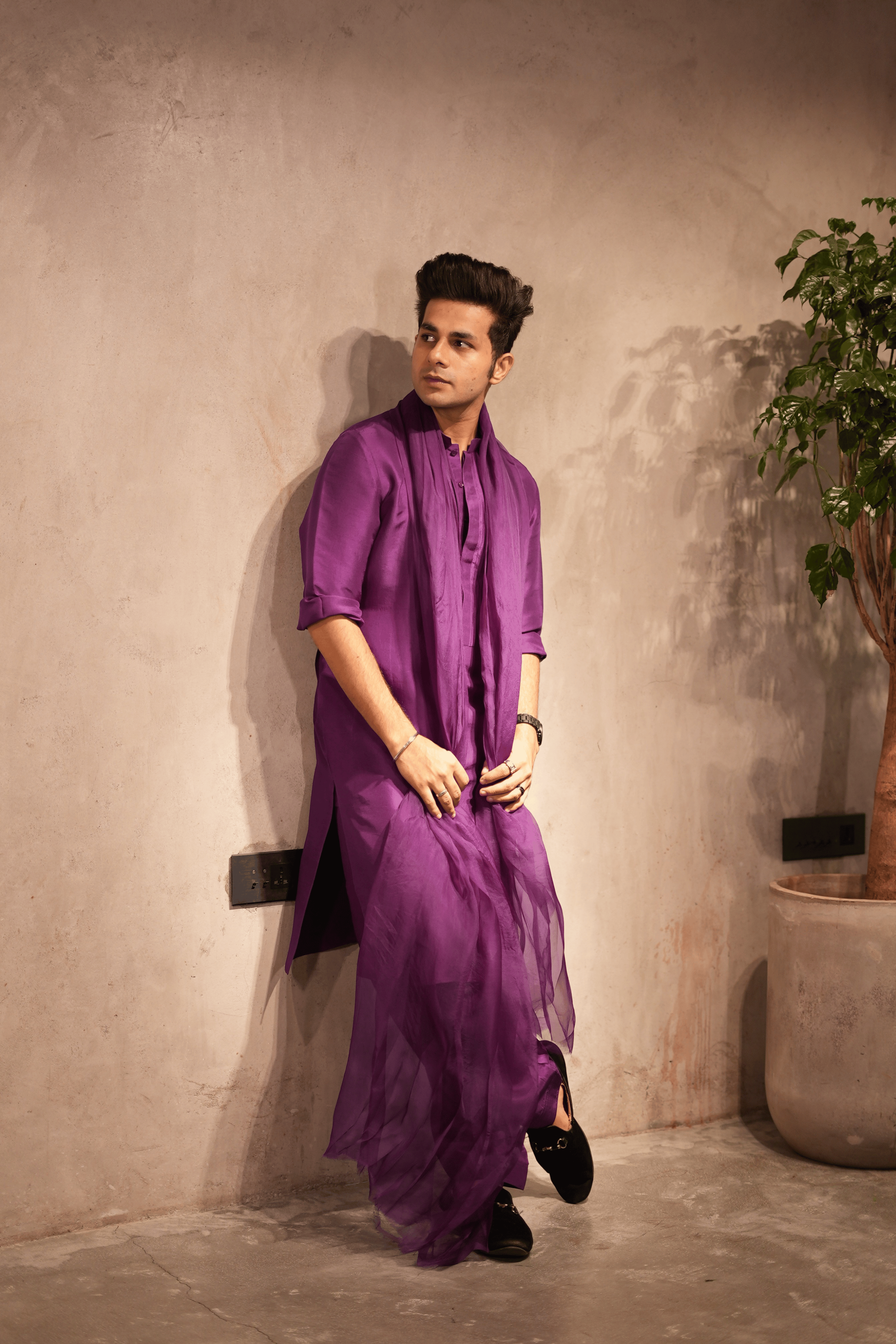 Purple Silk Pleated Kurta Set