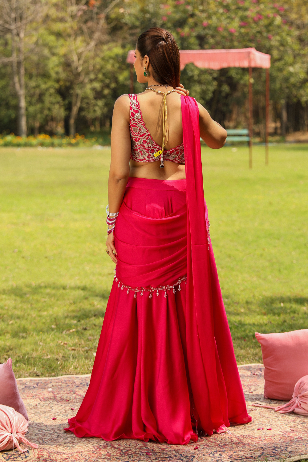 Karishma Rani Pink Pre-Draped Sharara Saree with Dori Embroidery