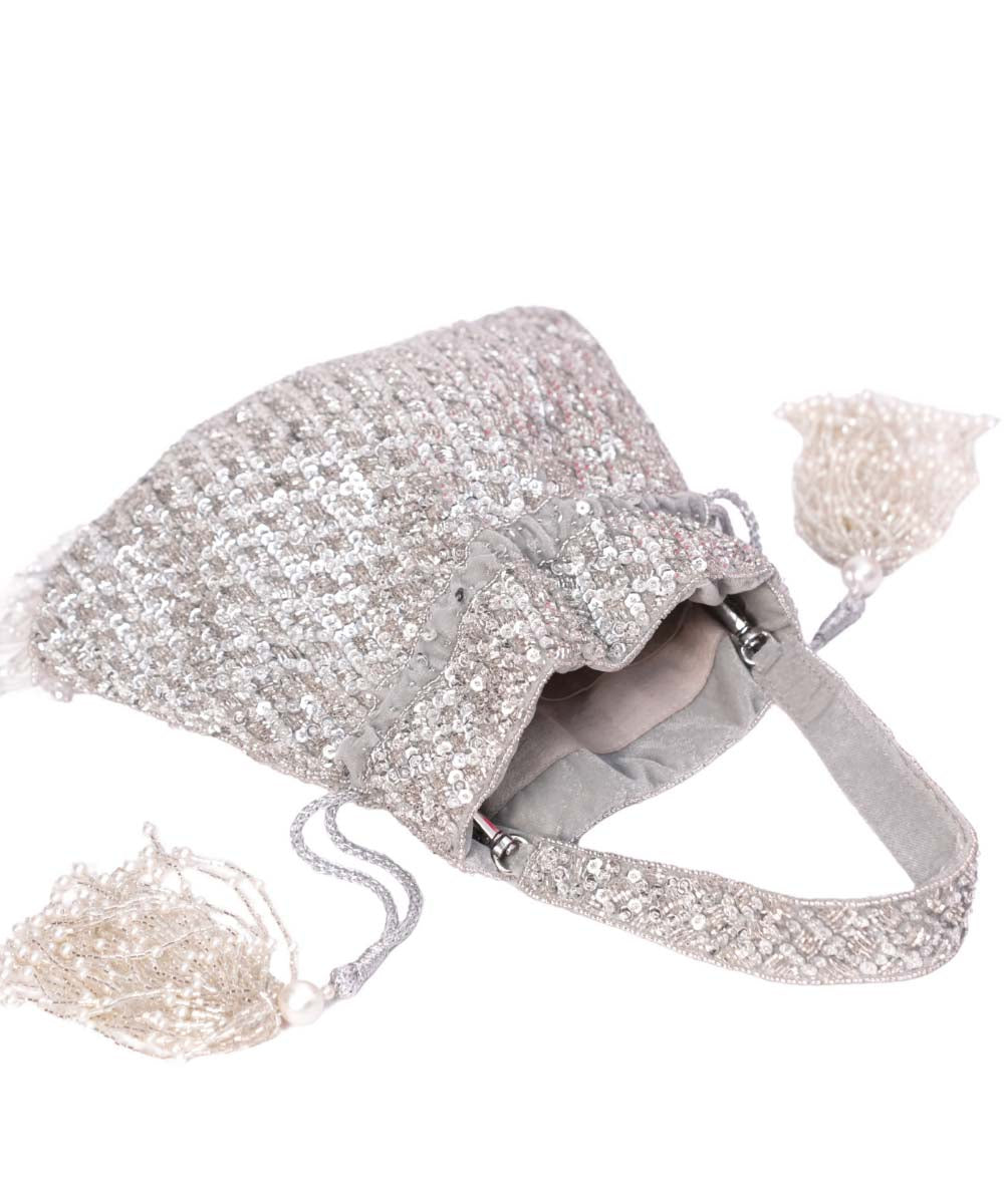 Sitara Silver Suede Sequin Embellished Potli