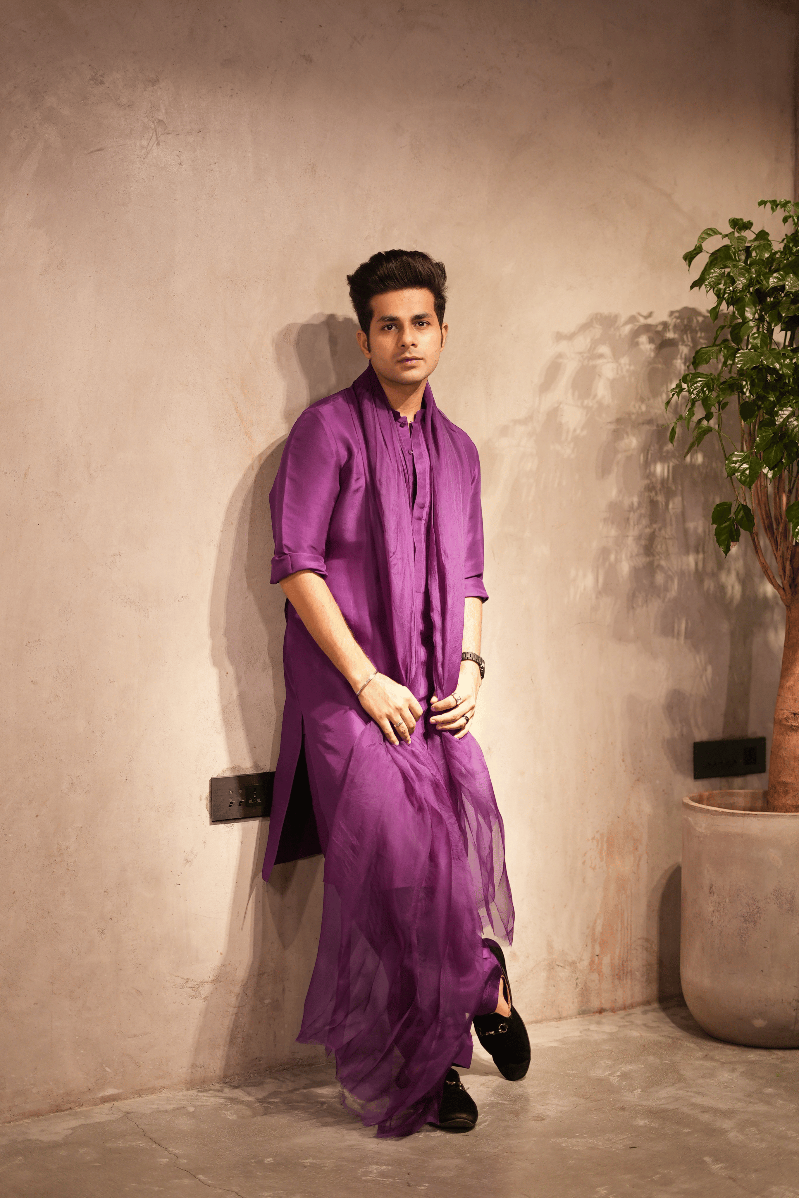 Purple Silk Pleated Kurta Set
