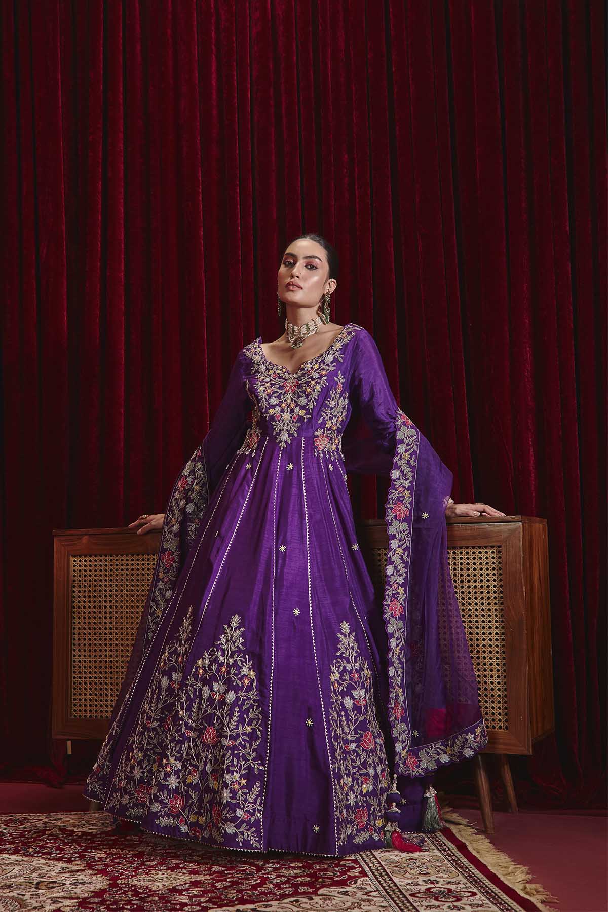 Naira Purple Embroidered Anarkali Set in Structured Dupion Silk