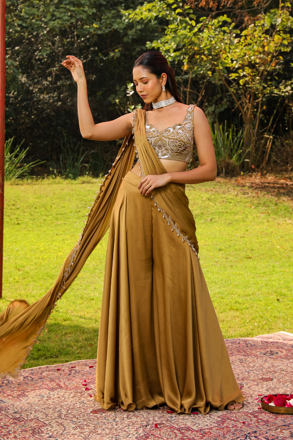 Honey Gold Karishma Pre-Draped Sharara Saree with Dori Embroidery