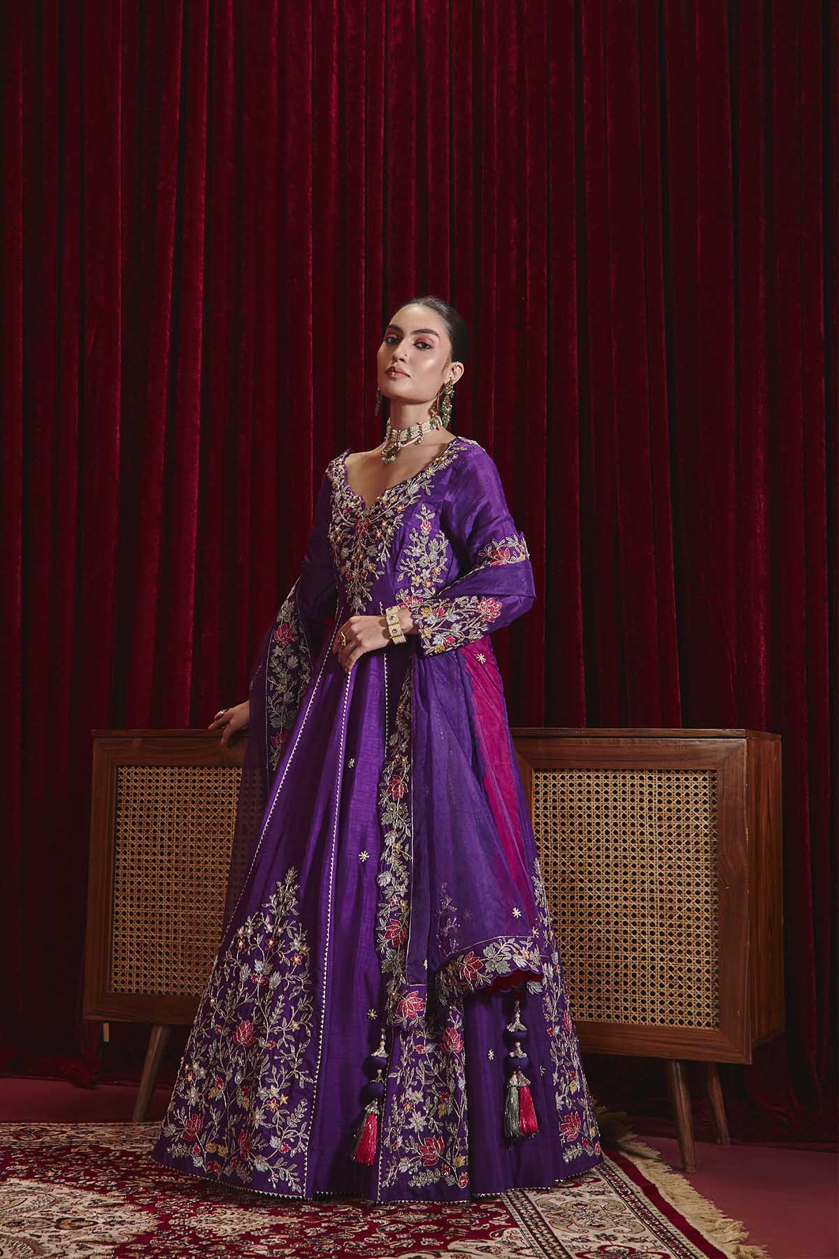 Naira Purple Embroidered Anarkali Set in Structured Dupion Silk