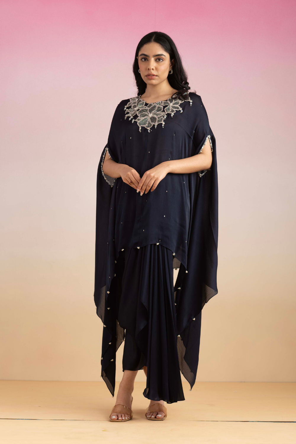 Rhythm Navy Blue Chiffon Kaftan Set with Crystal Neckline