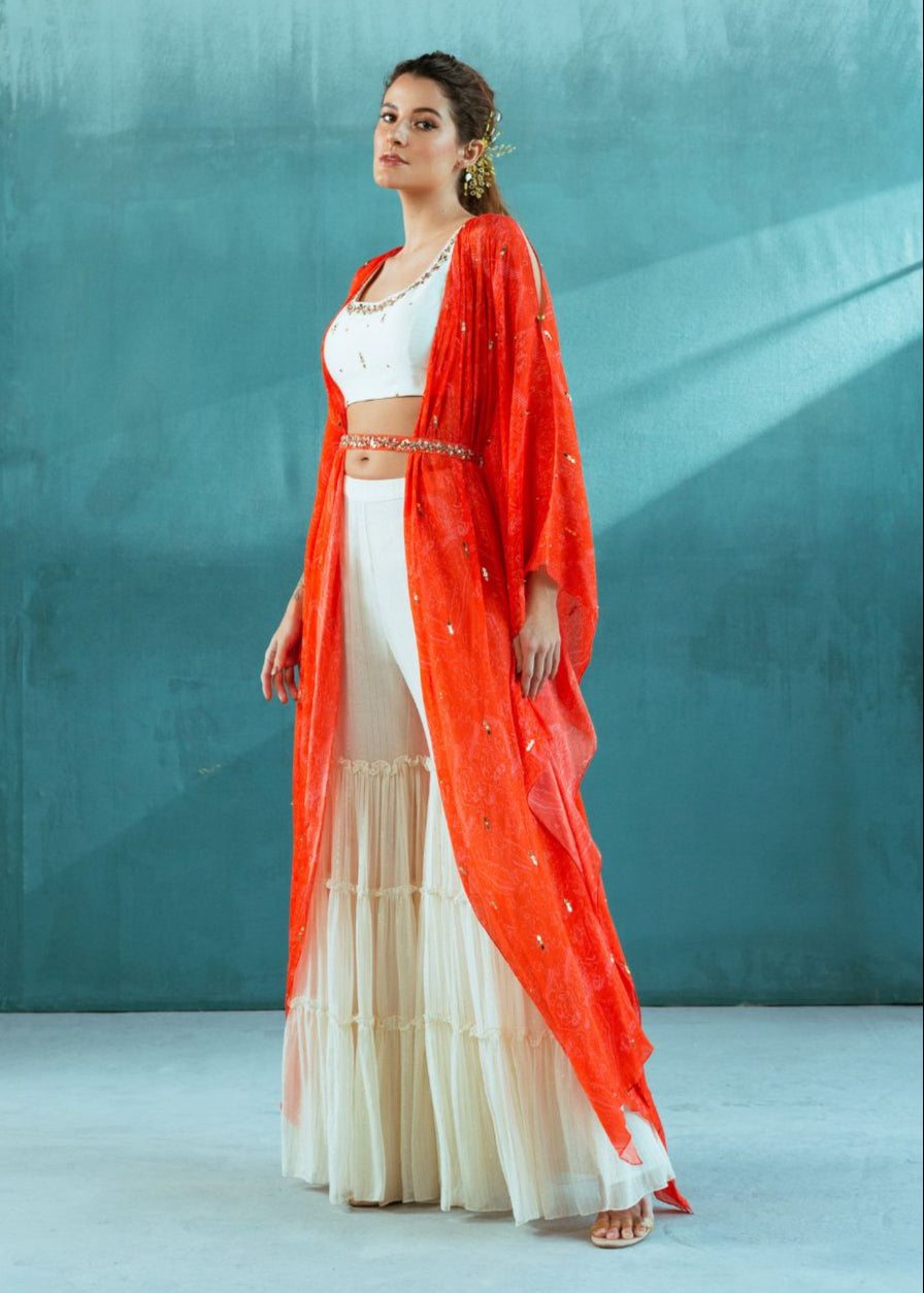 Coral Chiffon Ivory Sharara set