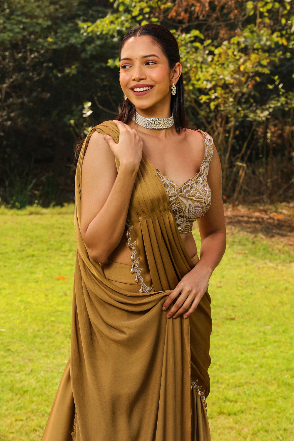 Honey Gold Karishma Pre-Draped Sharara Saree with Dori Embroidery