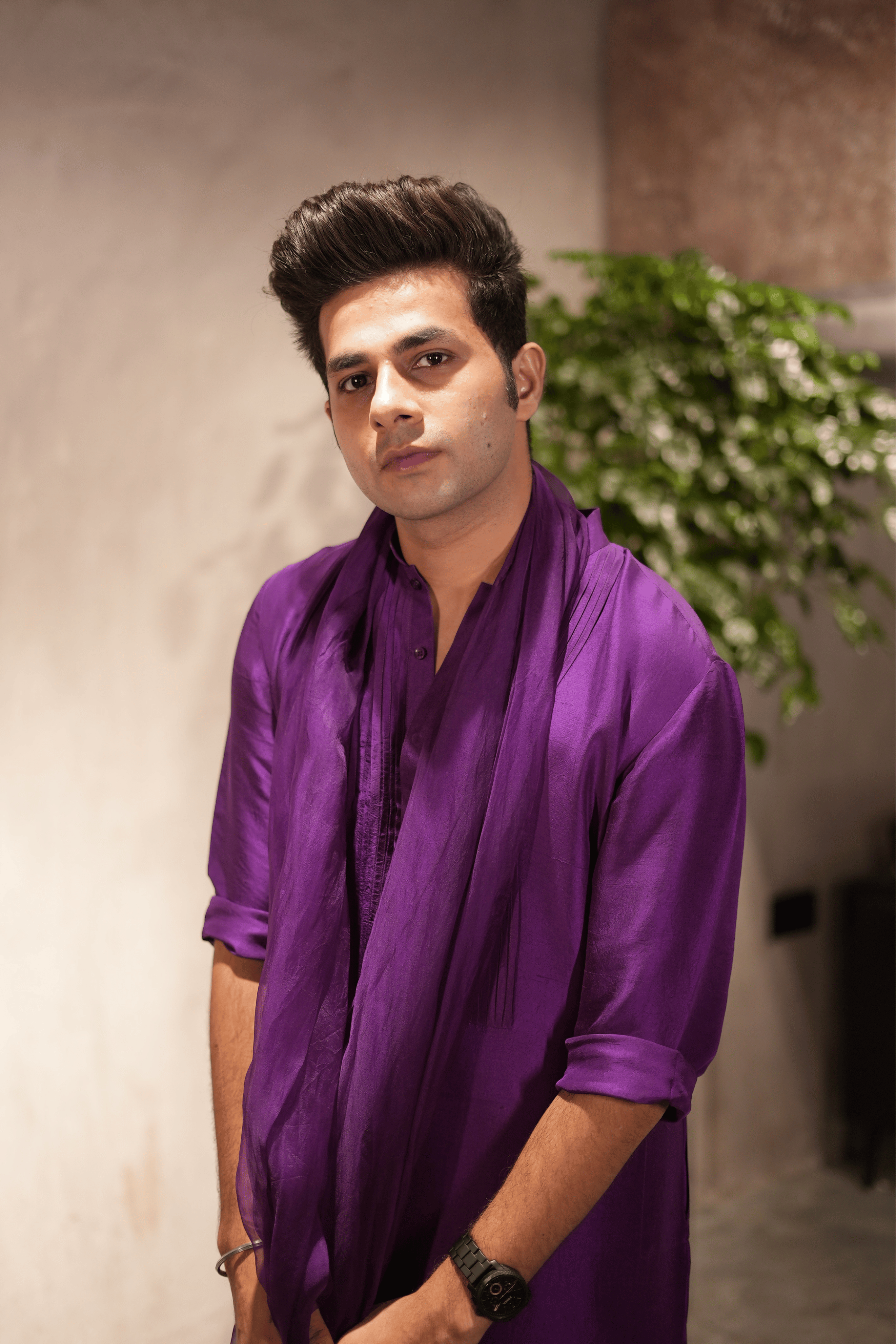 Purple Silk Pleated Kurta Set