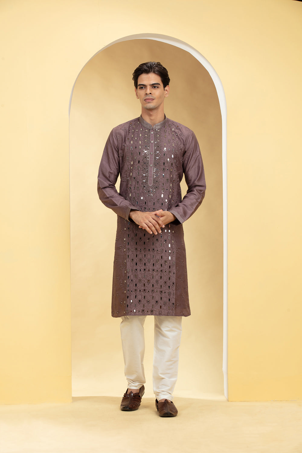 Umber Brown Lucknowi Kurta Pajama Set With Mirror And Thread Work