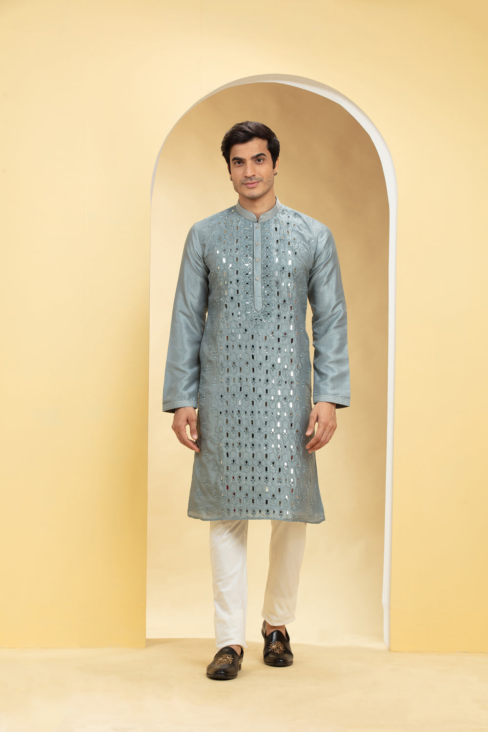 Slate Grey Lucknowi Kurta Pajama Set With Mirror And Thread Work - Auraya Fashion - Riyaasat Men - #tag1# - #tag2# - #tag3# - #tag3#