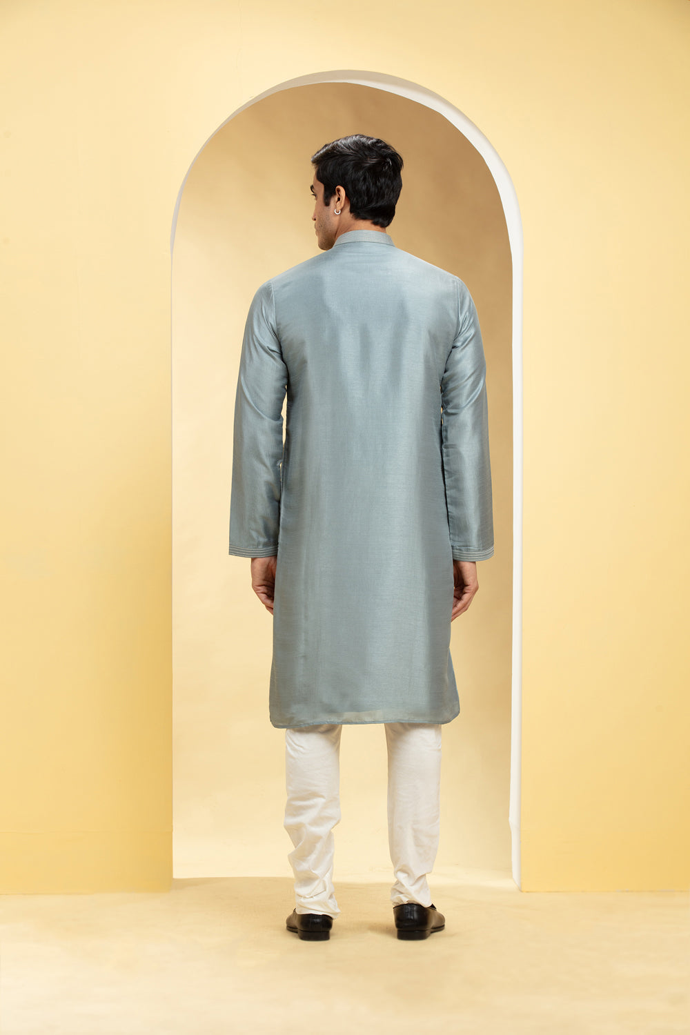 Slate Grey Lucknowi Kurta Pajama Set With Mirror And Thread Work - Auraya Fashion -  - #tag1# - #tag2# - #tag3# - #tag3#