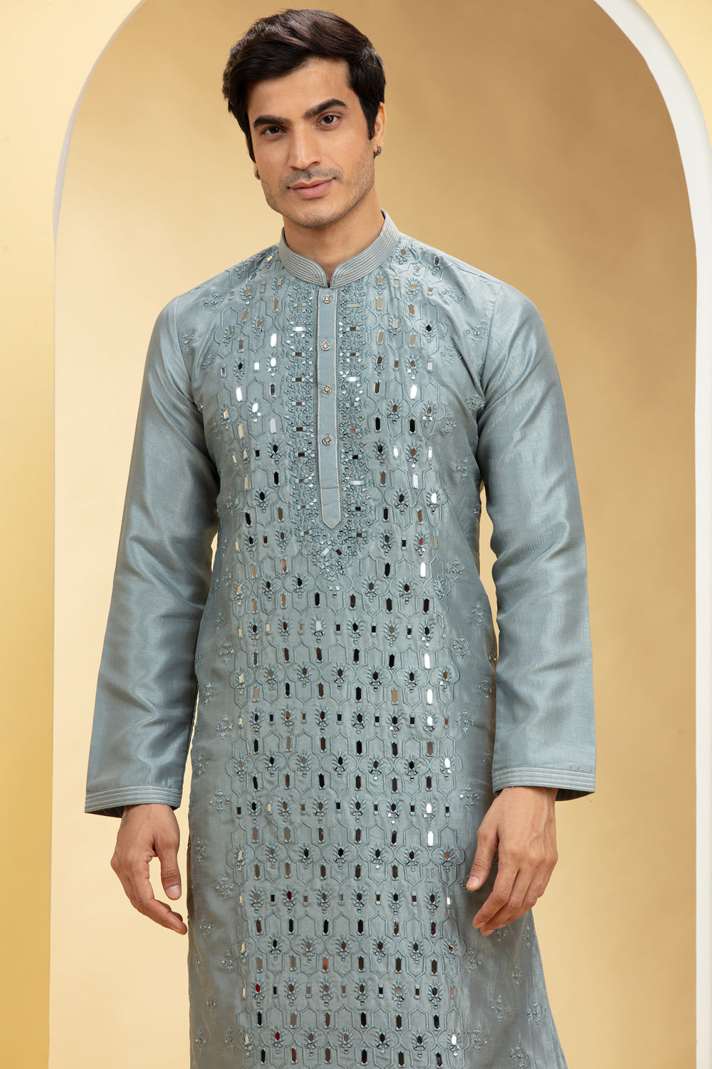 Slate Grey Lucknowi Kurta Pajama Set With Mirror And Thread Work - Auraya Fashion -  - #tag1# - #tag2# - #tag3# - #tag3#