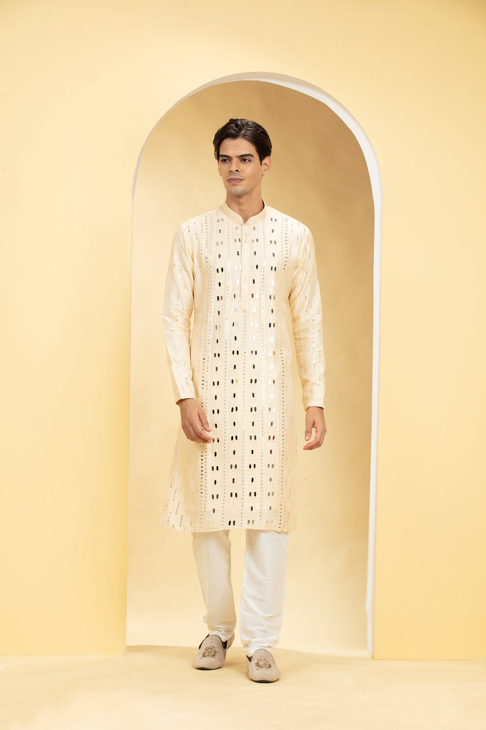 Champagne Yellow Lucknowi Kurta Pajama Set With Mirror And Thread Work - Auraya Fashion - Riyaasat Men - #tag1# - #tag2# - #tag3# - #tag3#