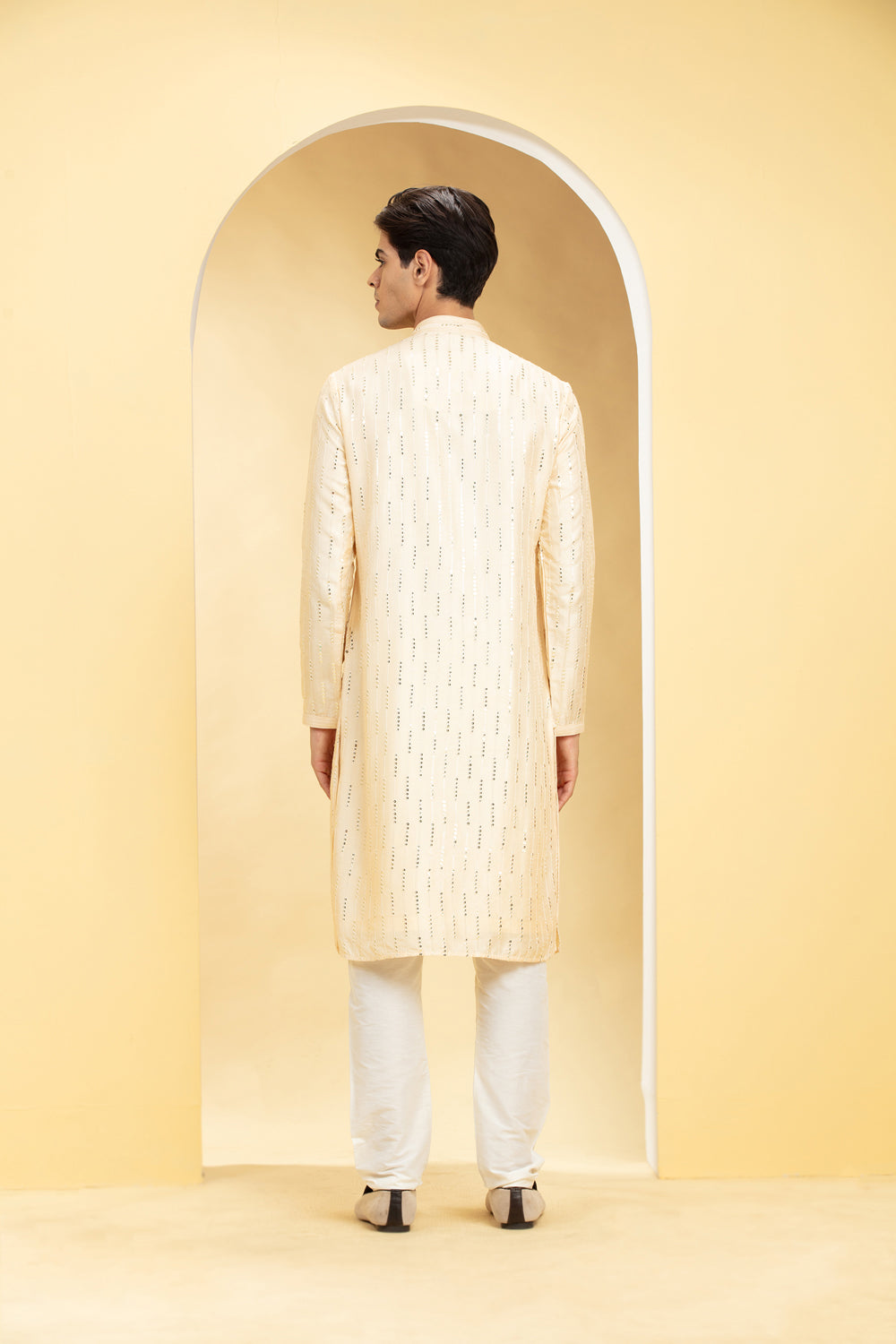 Champagne Yellow Lucknowi Kurta Pajama Set With Mirror And Thread Work - Auraya Fashion -  - #tag1# - #tag2# - #tag3# - #tag3#