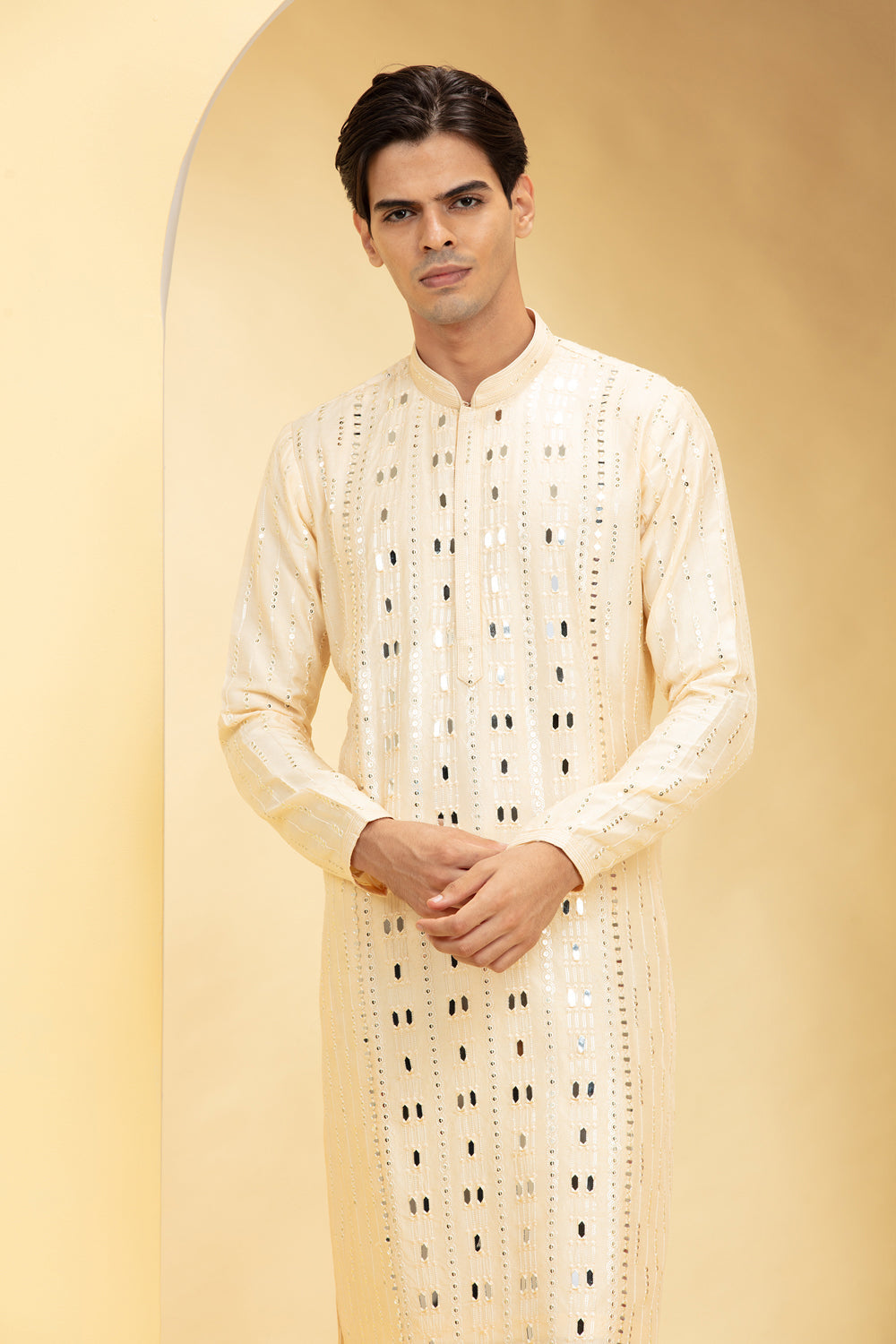 Champagne Yellow Lucknowi Kurta Pajama Set With Mirror And Thread Work - Auraya Fashion -  - #tag1# - #tag2# - #tag3# - #tag3#