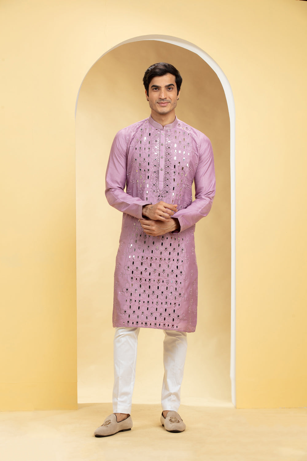 Dark Carnation Pink Lucknowi Kurta Pajama Set With Mirror And Thread Work