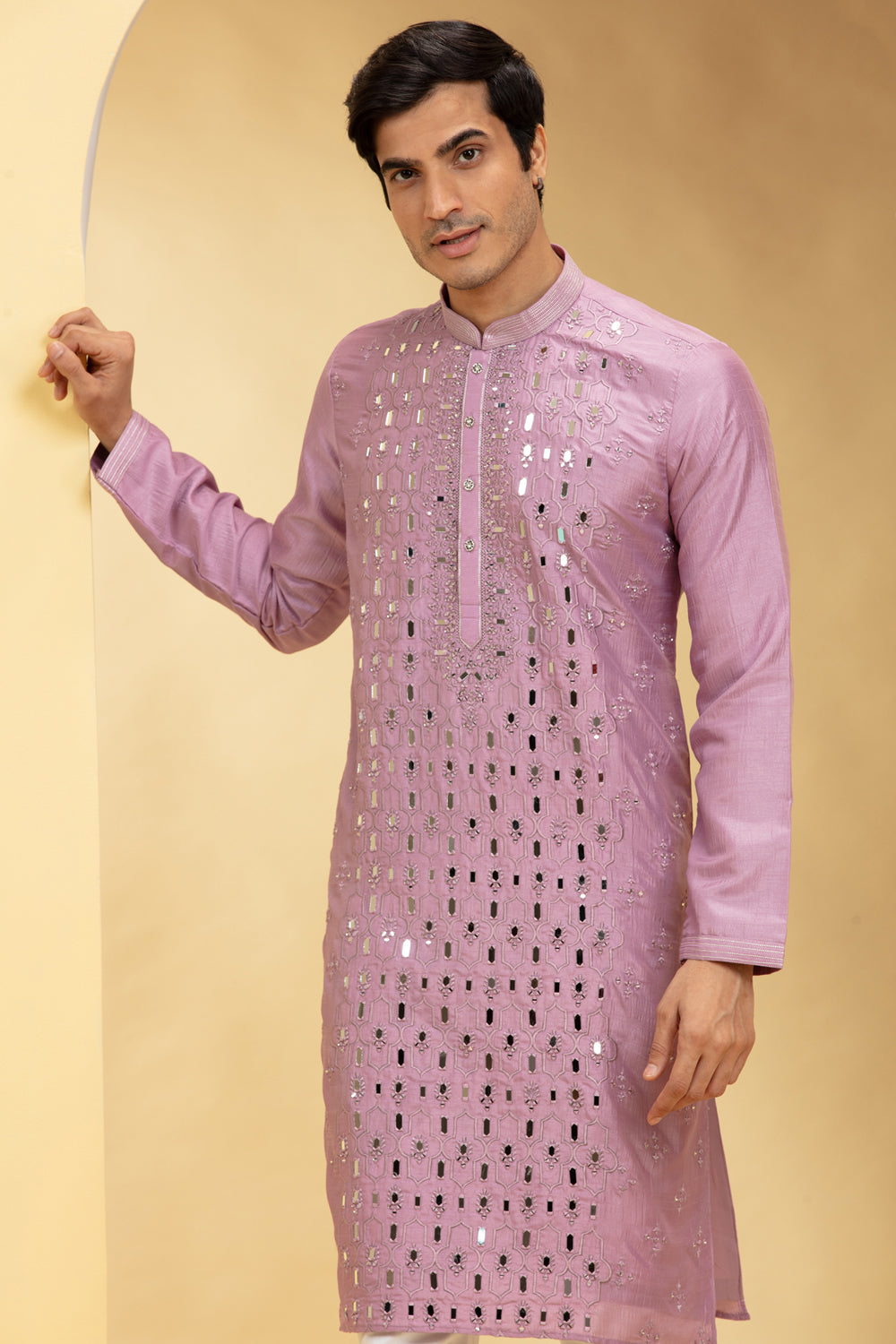 Dark Carnation Pink Lucknowi Kurta Pajama Set With Mirror And Thread Work