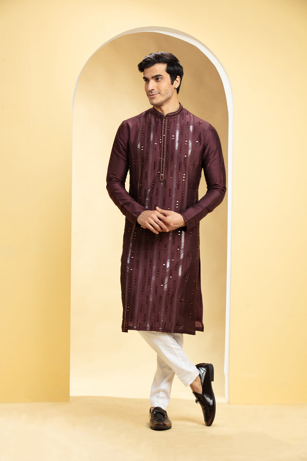 Burgundy Lucknowi Kurta Pajama Set With Mirror And Sequin Work - Auraya Fashion - Riyaasat Men - #tag1# - #tag2# - #tag3# - #tag3#