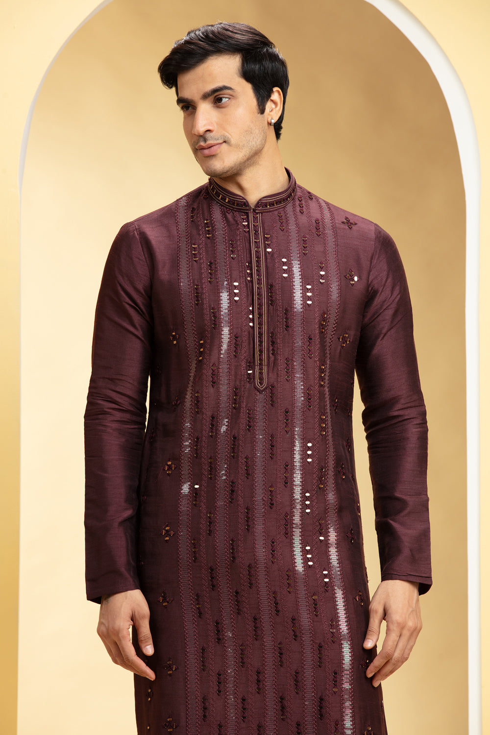 Burgundy Lucknowi Kurta Pajama Set With Mirror And Sequin Work - Auraya Fashion -  - #tag1# - #tag2# - #tag3# - #tag3#