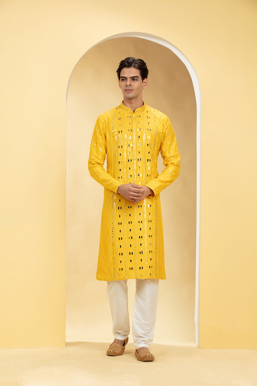 Tuscany Yellow Lucknowi Kurta Pajama Set With Mirror And Thread Work