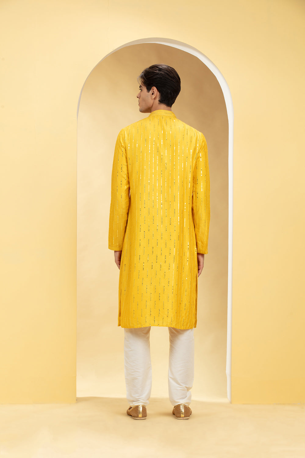 Tuscany Yellow Lucknowi Kurta Pajama Set With Mirror And Thread Work