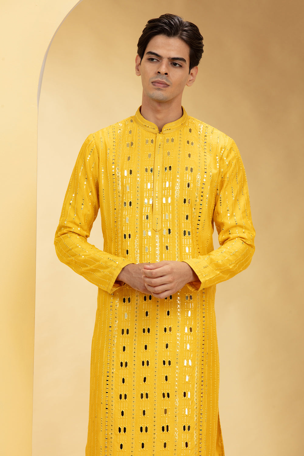 Tuscany Yellow Lucknowi Kurta Pajama Set With Mirror And Thread Work