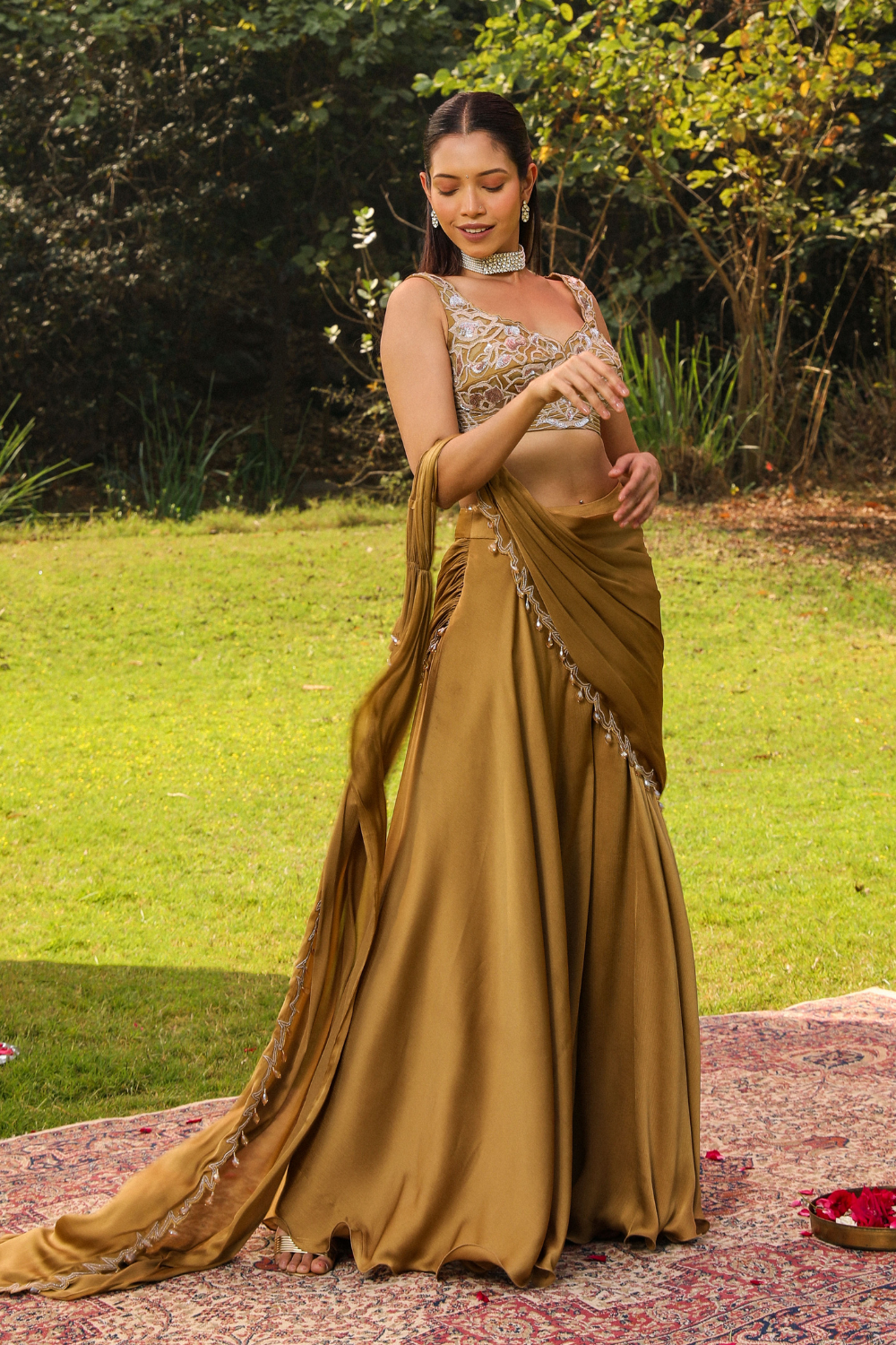 Honey Gold Karishma Pre-Draped Sharara Saree with Dori Embroidery