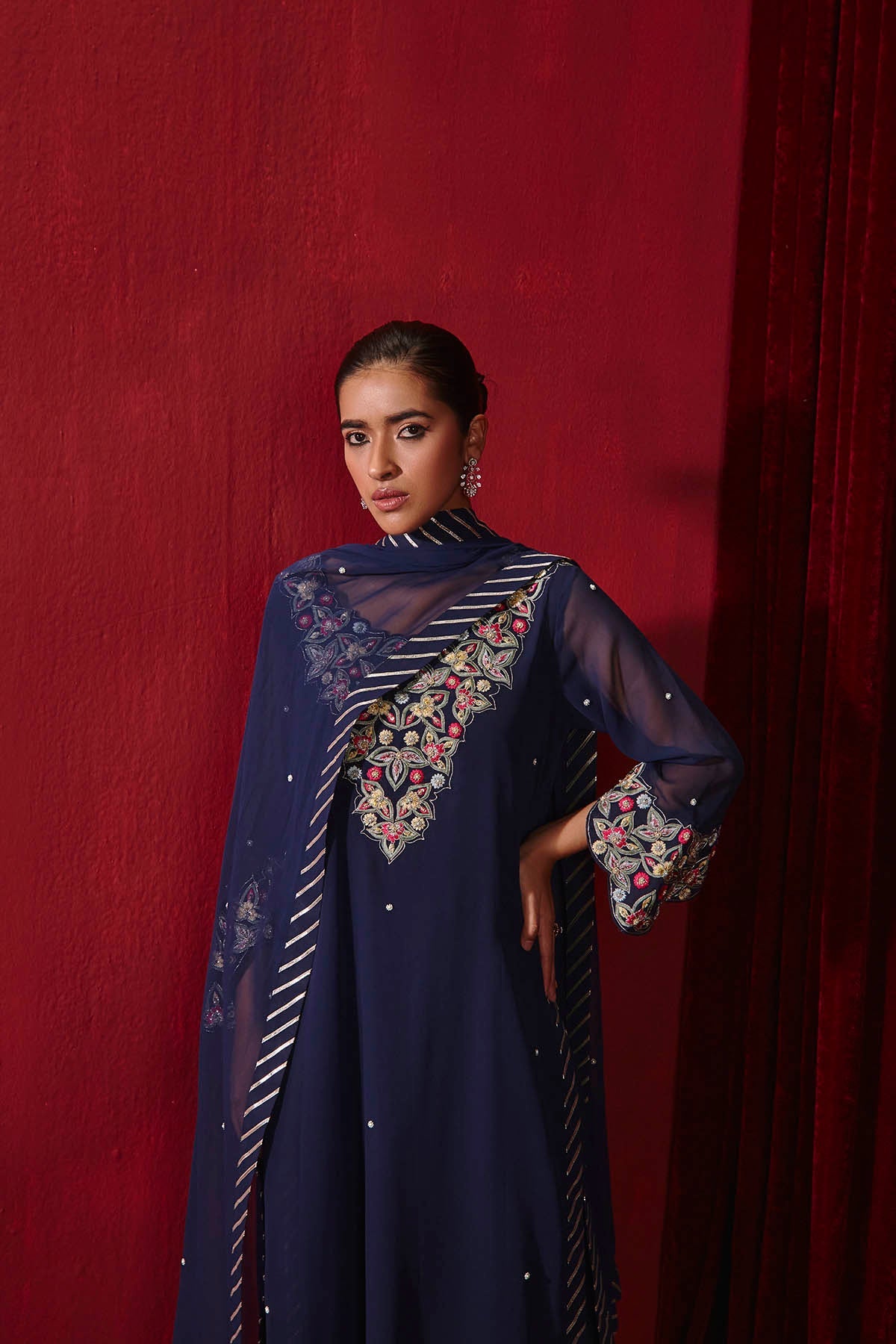 Riwaaz Navy Dupion Silk Embroidered Kurta Set with Gota Dupatta