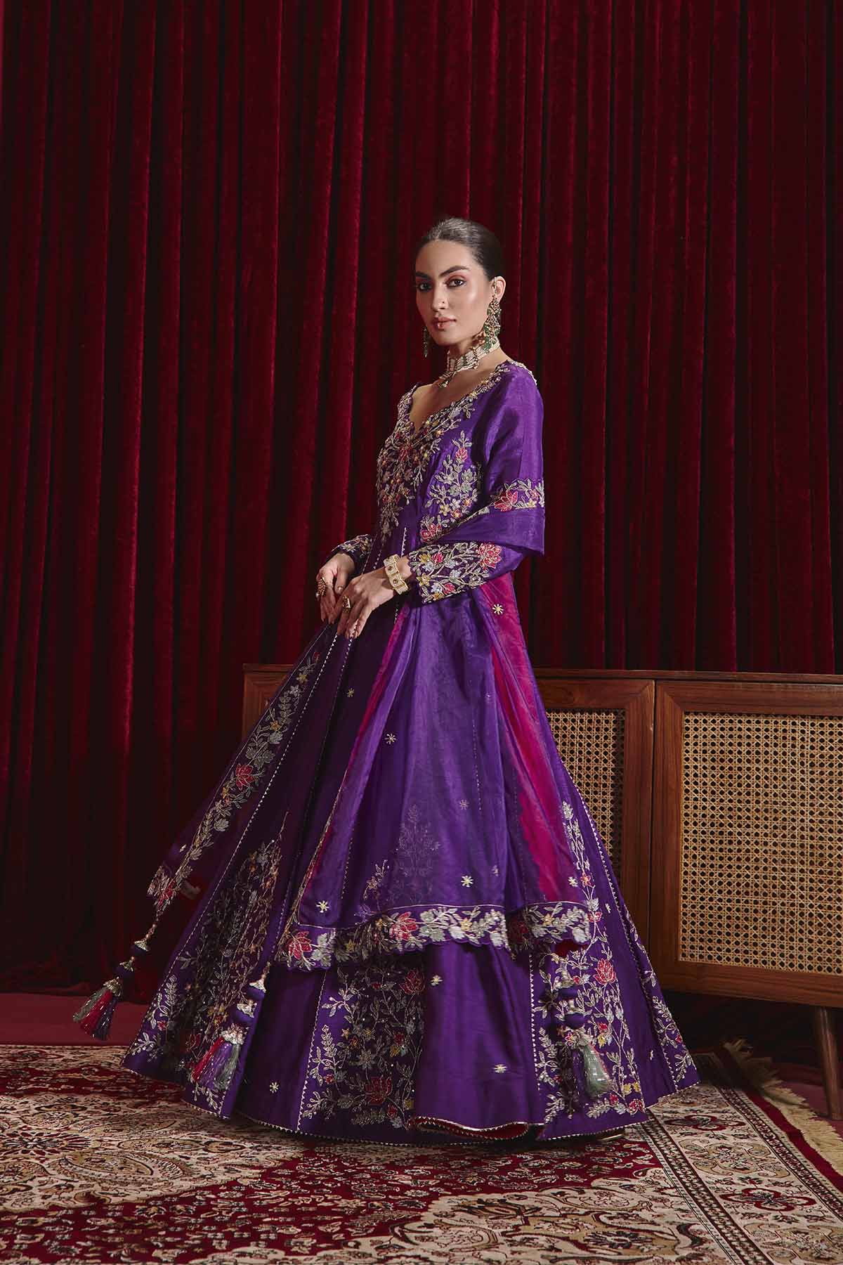 Naira Purple Embroidered Anarkali Set in Structured Dupion Silk