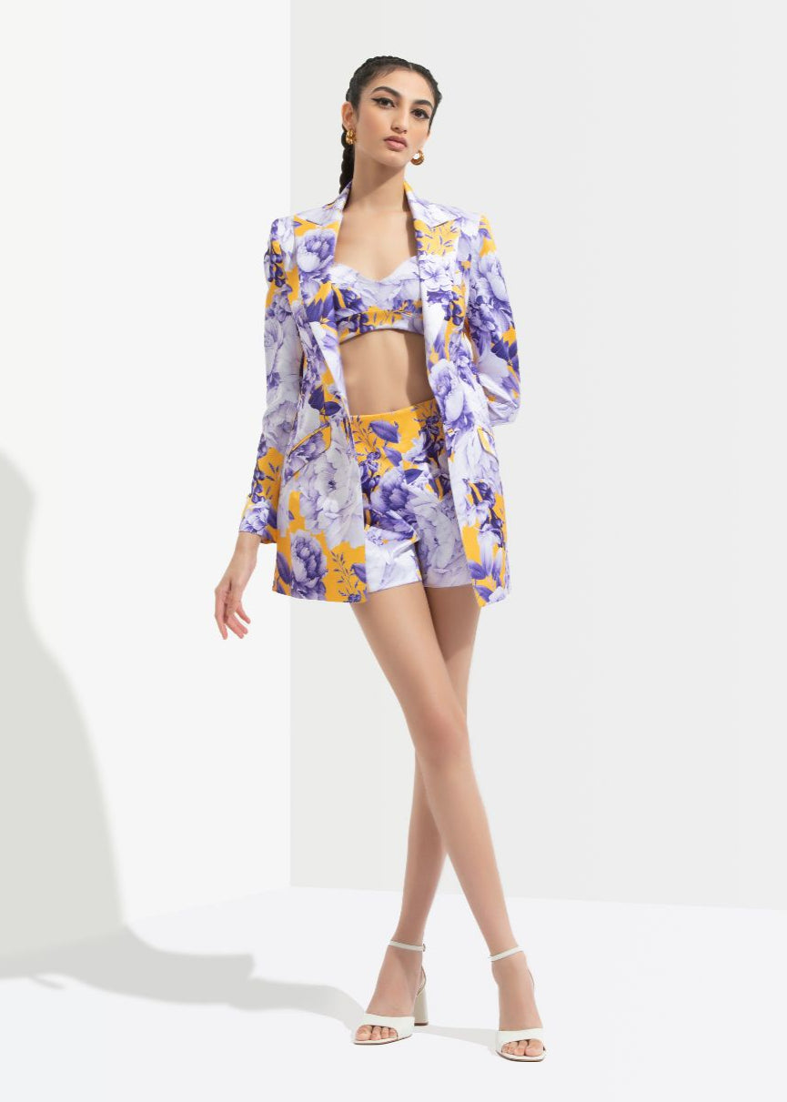 Sumire Printed Jacket Paired With Bustier And Shorts