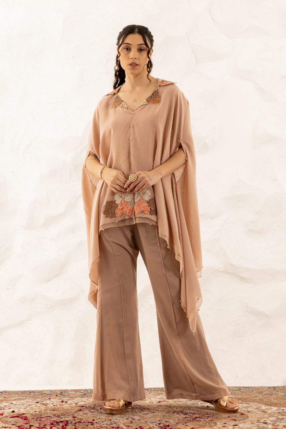 Avni Co-ord Set - Elegant Georgette Embroidered Cape and Flared Pants