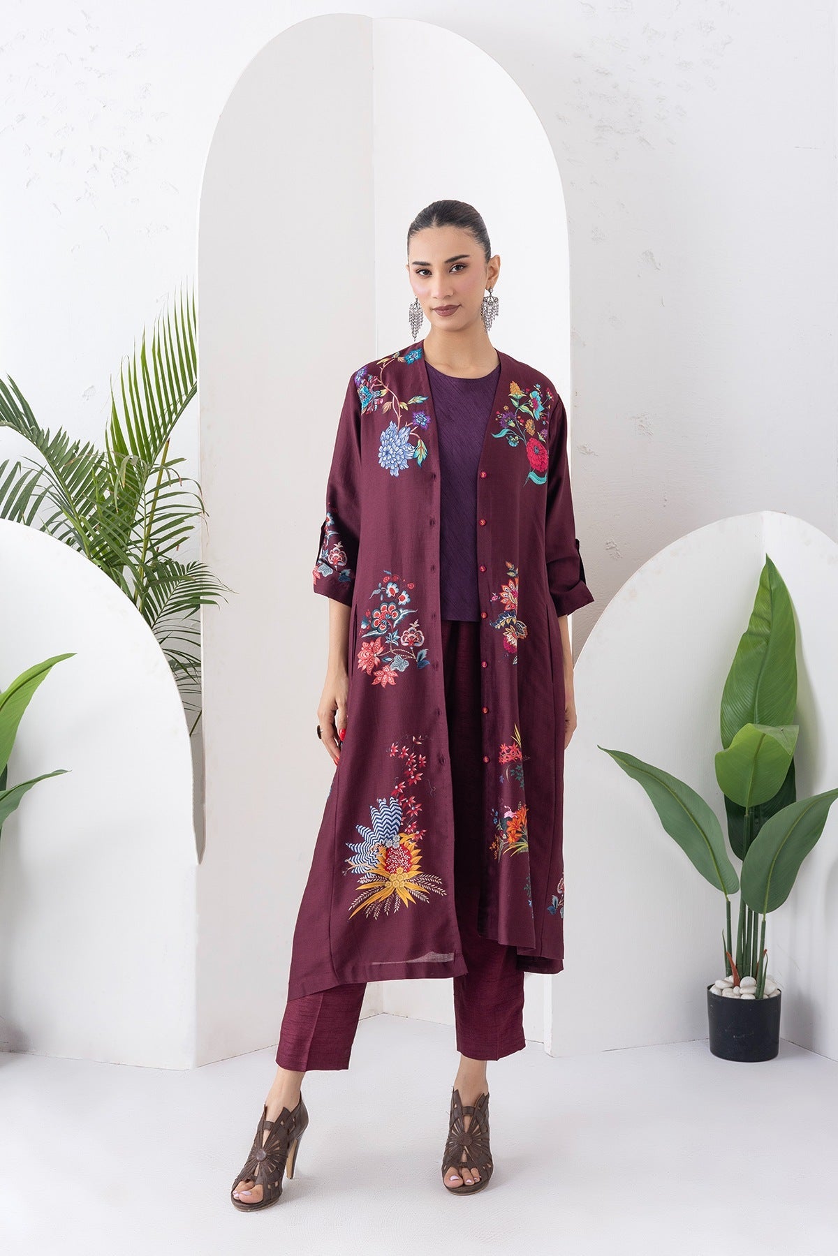 Chocolate Brown Silk Chanderi Printed High-Low Dress Set (3 PCS)