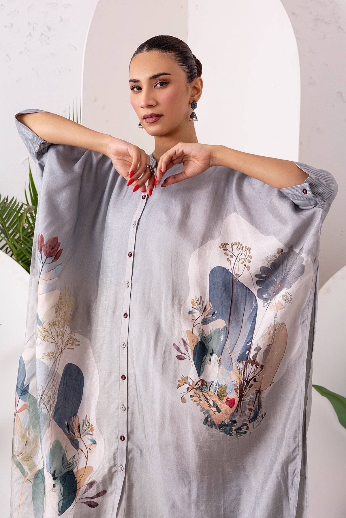 Grey Viscose Dupion Printed Kaftan Style Dress Set (3 PCS)